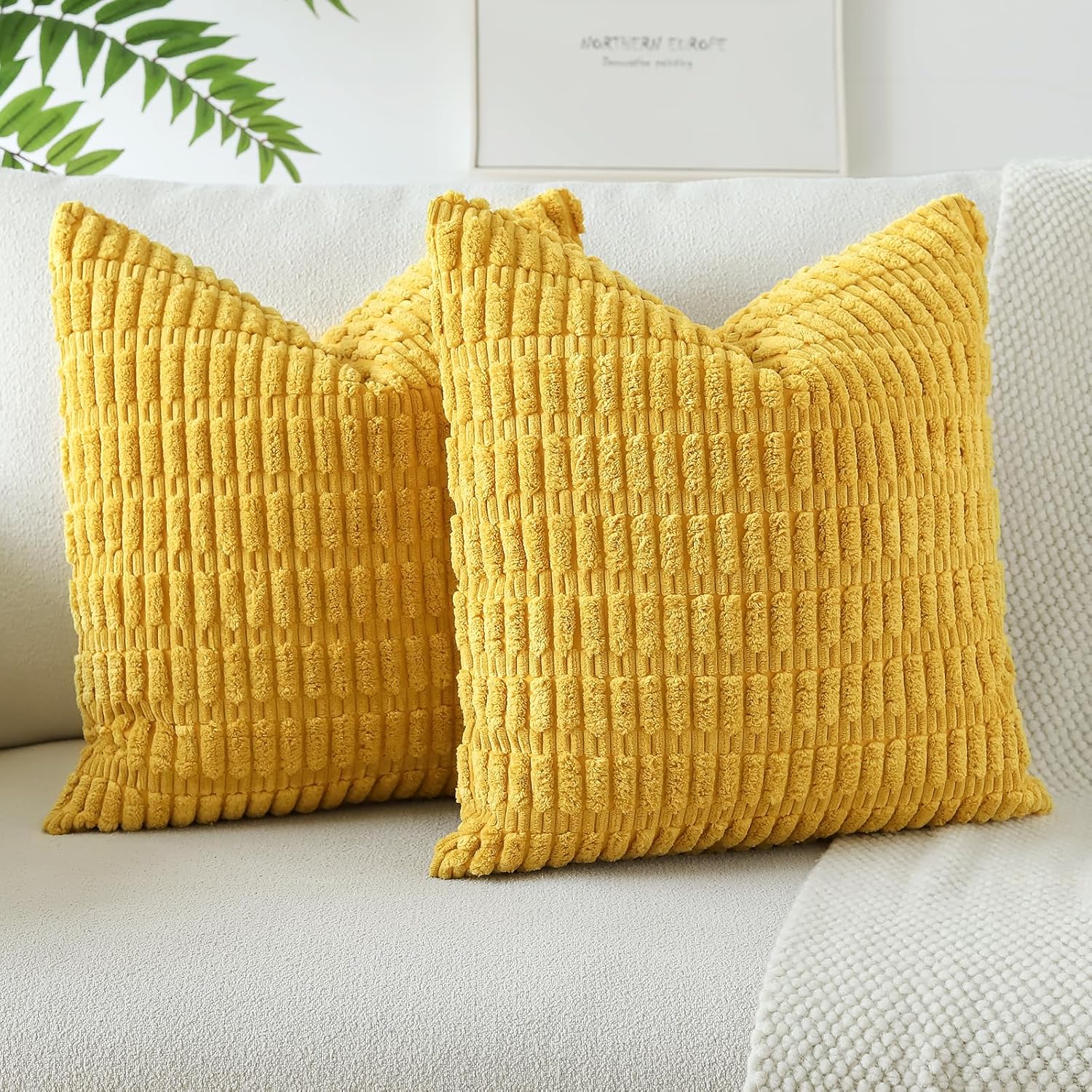 JOTOM Corduroy Soft Striped Boho Decorative Throw Pillow Covers 50x50 cm Cushion Covers 20x20 Inch Cushion Case Square Pillowcases for Couch Sofa Living Room Bed Home Decor Set of 2 (Mustard Yellow)