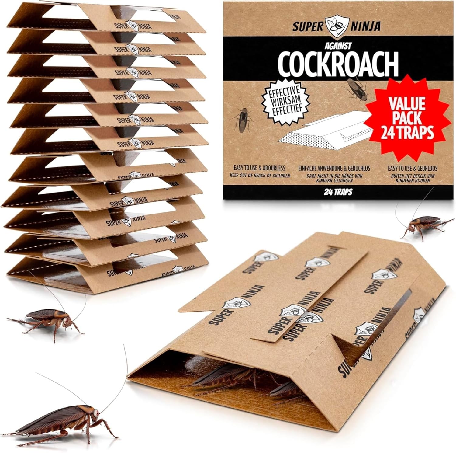 Super Ninja Cockroach Traps for Indoors – 24 Pack, Cockroach Control for Indoor Infestation, Safe & Toxin-Free Trap with Food Attractant, Nature-Friendly Pest Solution for Home, Garage & Shed