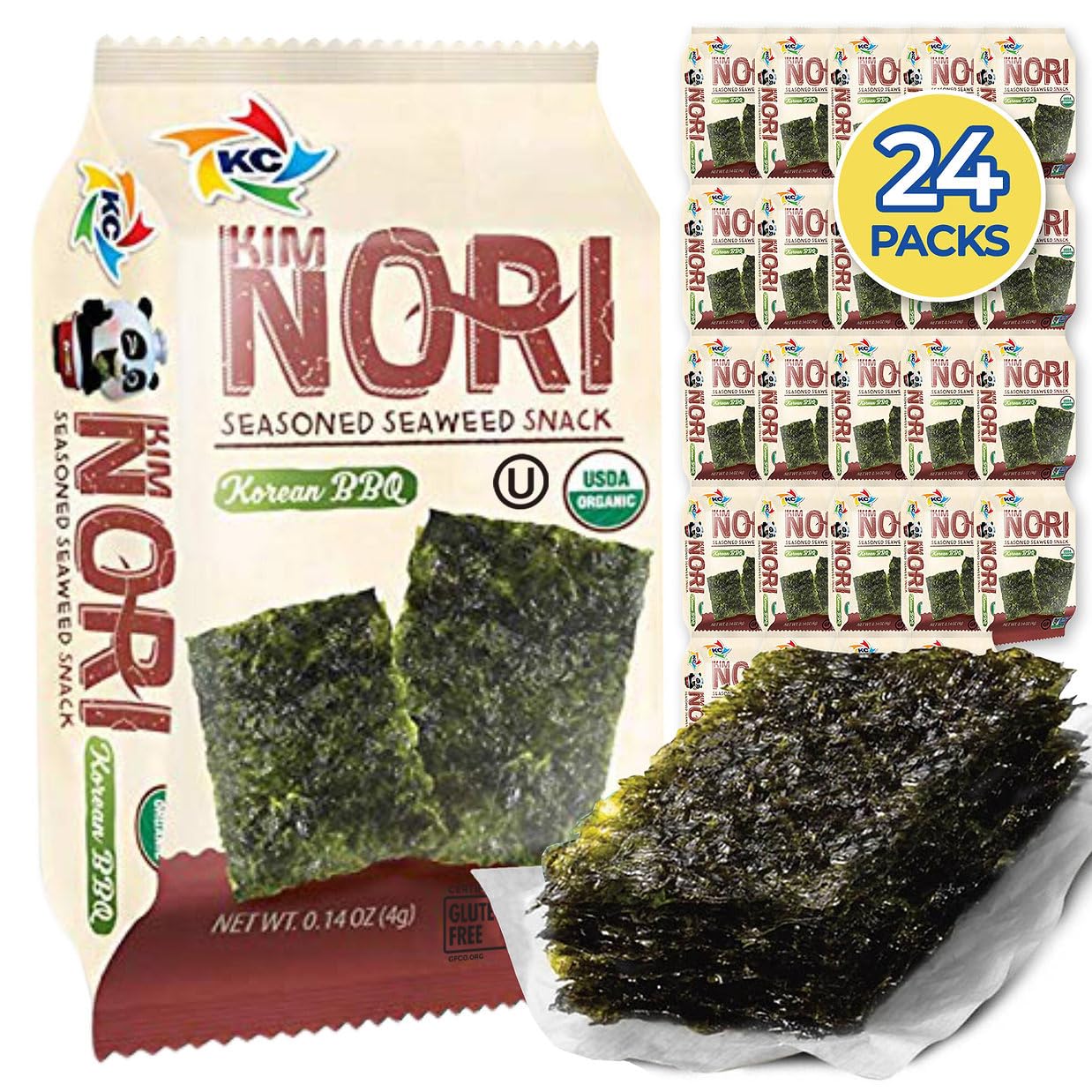 KIMNORI Seasoned Seaweed Snacks Sheets – Organic Korean BBQ Flavor 24 Individual Packs Roasted Crispy Premium 100% Natural Laver Kim Nori 4g 0.14 Ounce 김 のり 海苔 紫菜