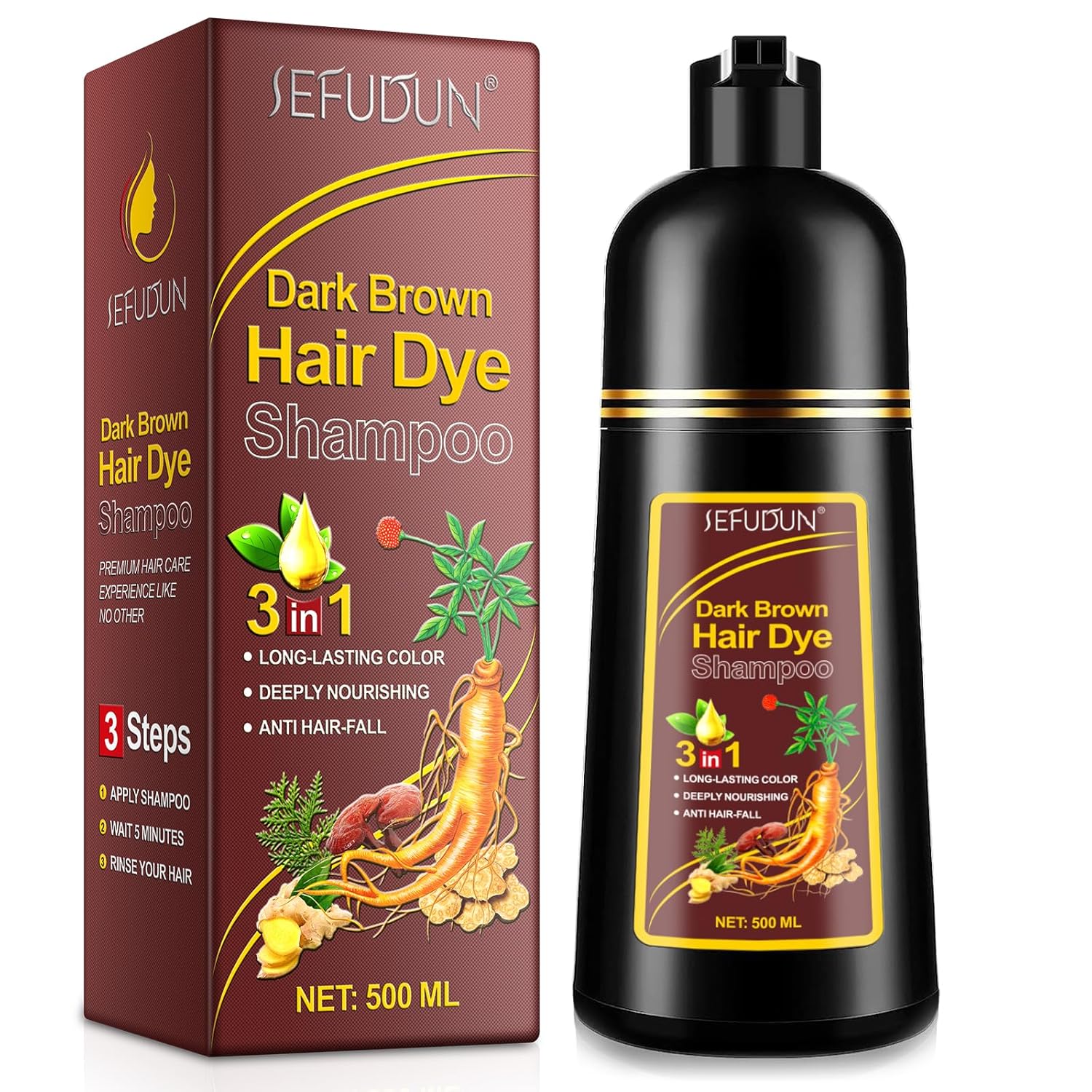 Dark Brown Hair Dye Shampoo 3 in 1 for Gray Hair, Long Lasting & Coverage Hair Color Shampoo for Women Men, Champu Para Canas pintar el pelo 500ml