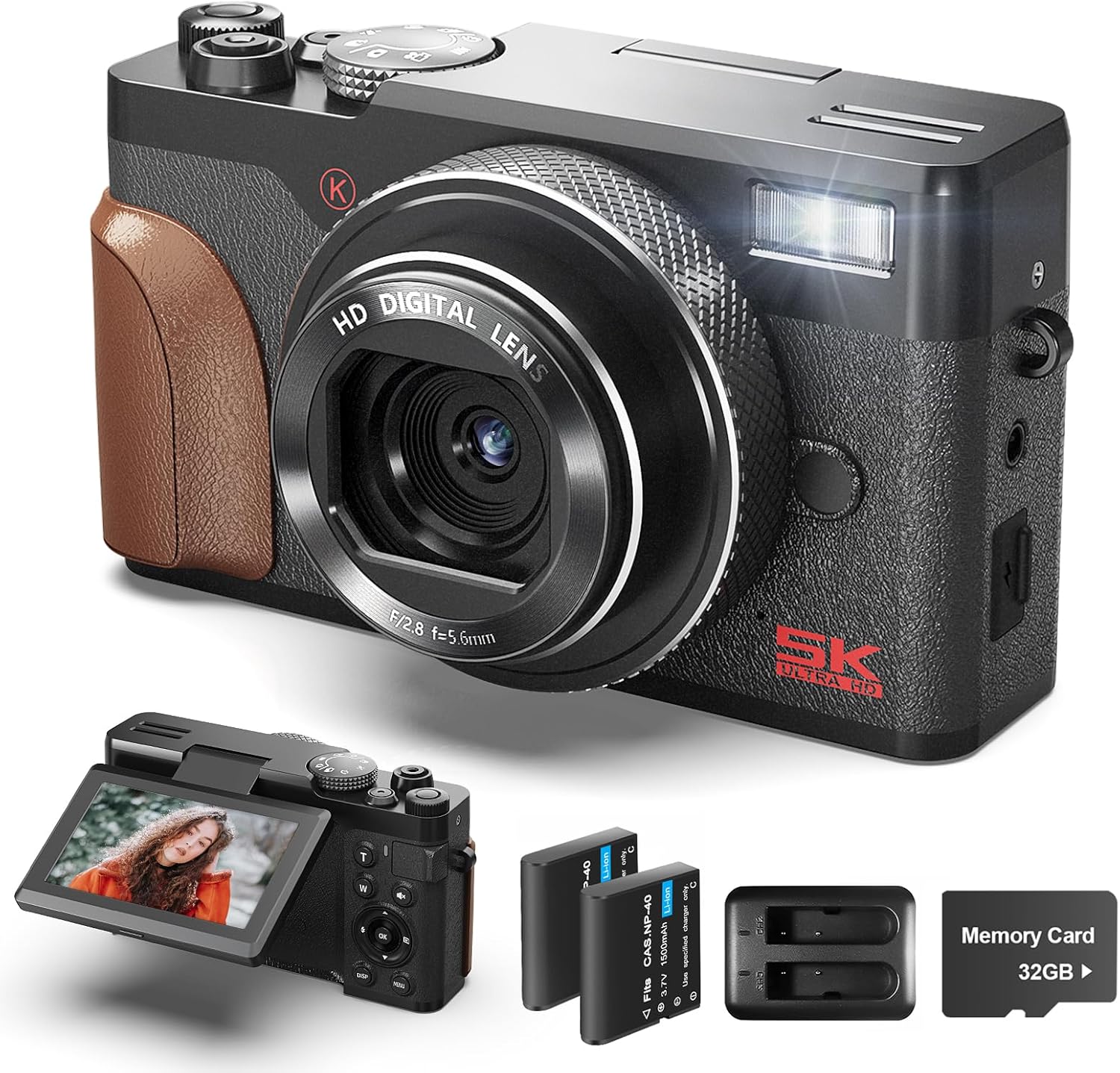 64MP Digital Cameras for Photography, 5K Autofocus Point and Shoot Digital Cameras with 32GB TF Card & 2 Batteries,18X Zoom Anti-Shake Video Camera,Compact Camera for Travel (K110)