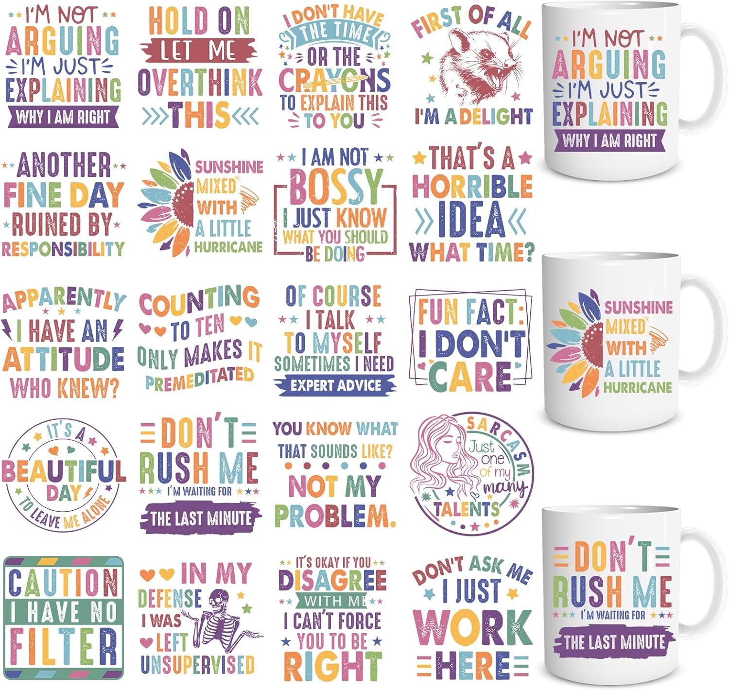 Funny UV DTF Stickers - 20 Sheets Colorful Sarcastic UV DTF Cup Wraps for 16 OZ Glass Mugs, Humorous Quotes UVDTF Stickers, Vintage Rub on Transfer Decals for Water Bottles Tumblers