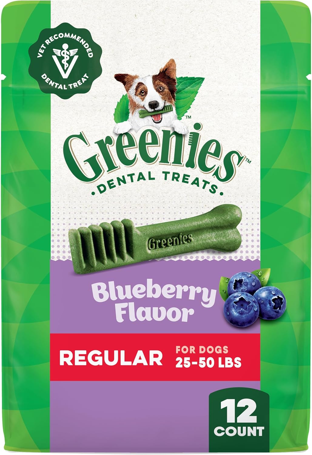 Greenies Veterinarian-Recommended Adult Natural Dental Dog Treats Regular Size, Blueberry Flavor, 12 oz. Pack, 12 Count