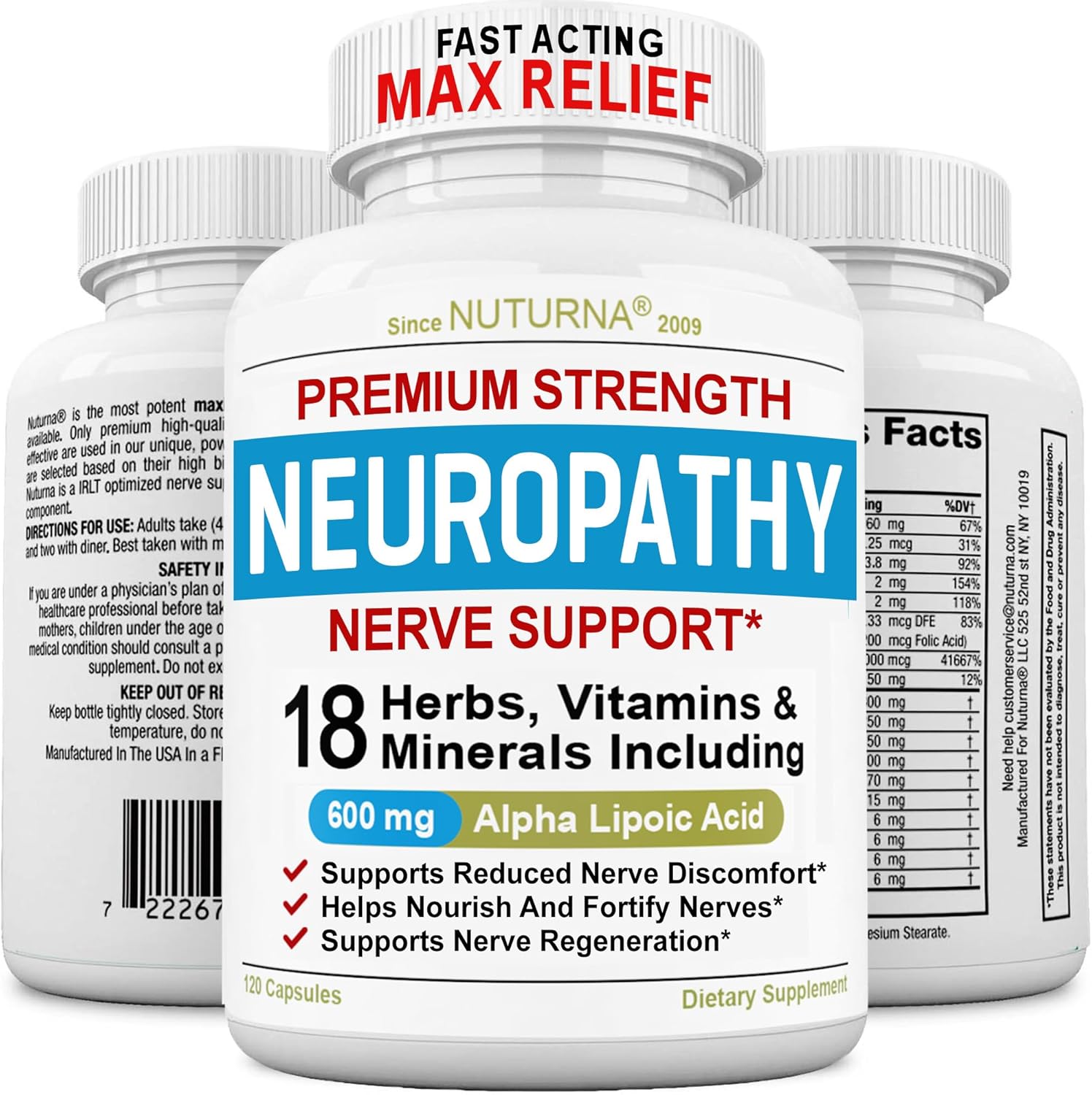 Neuropathy Support Nerve Supplement with 600 mg Pure Alpha Lipoic Acid - Maximum Strength Formula, Fortify Nerves in Fingers, Hands, Toes, & Feet - Best Peripheral Relief Support - 120 Capsules