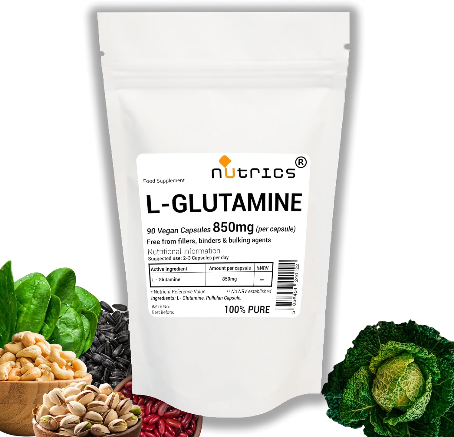 850mg (per Capsule) L GLUTAMINE 90 V Capsules 100% Pure - Free from fillers Binders & Bulking Agents - Vegan Vegeatarian - L-GLUTAMINE Supplement