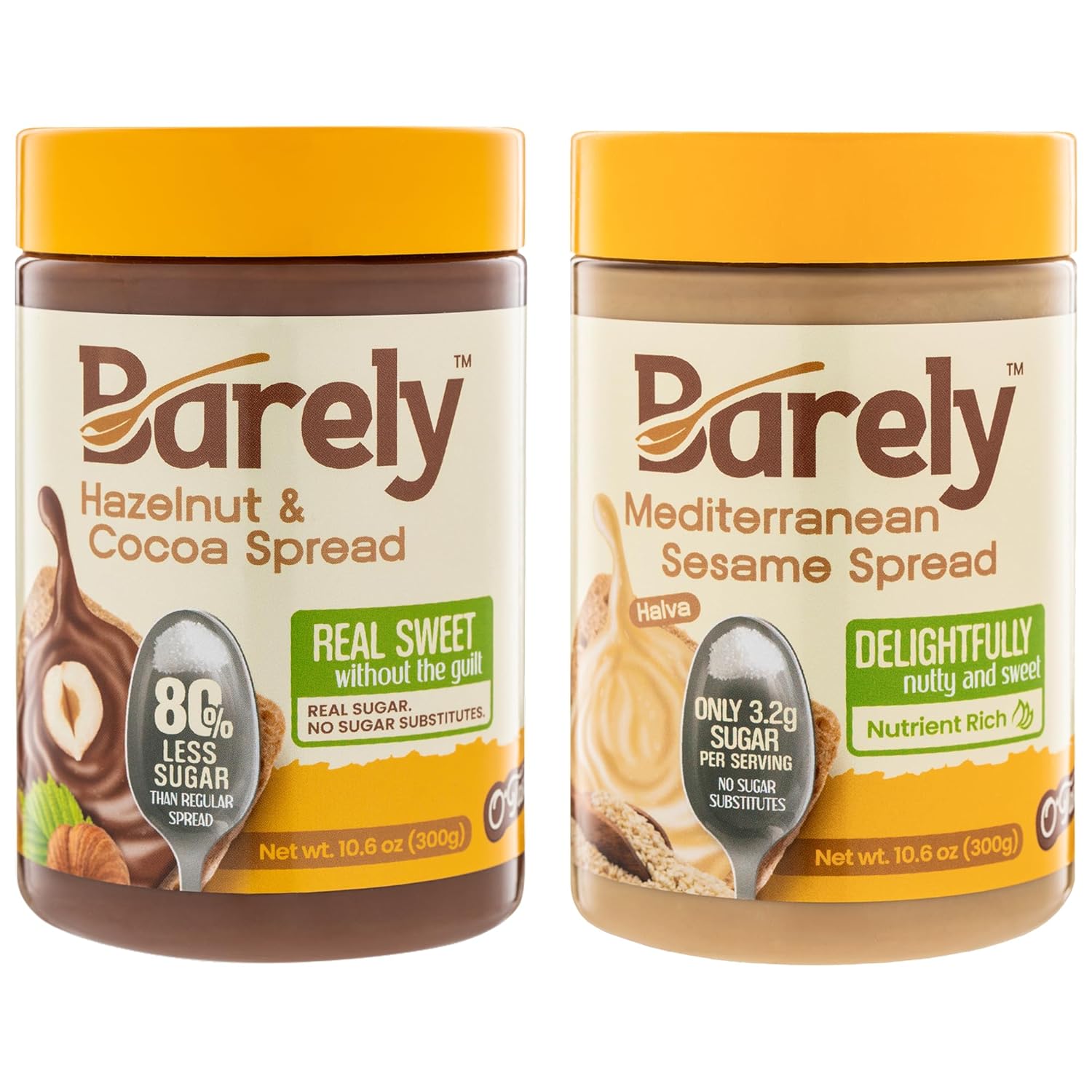 Hazelnut & Cocoa Spread, Sweet Mediterranean Sesame Spread, Variety Pack by Barely - Low Sugar & No Artificial Sweeteners, Vegan, Keto Friendly - 3.2 g Cane Sugar per Serving, 2-Pack