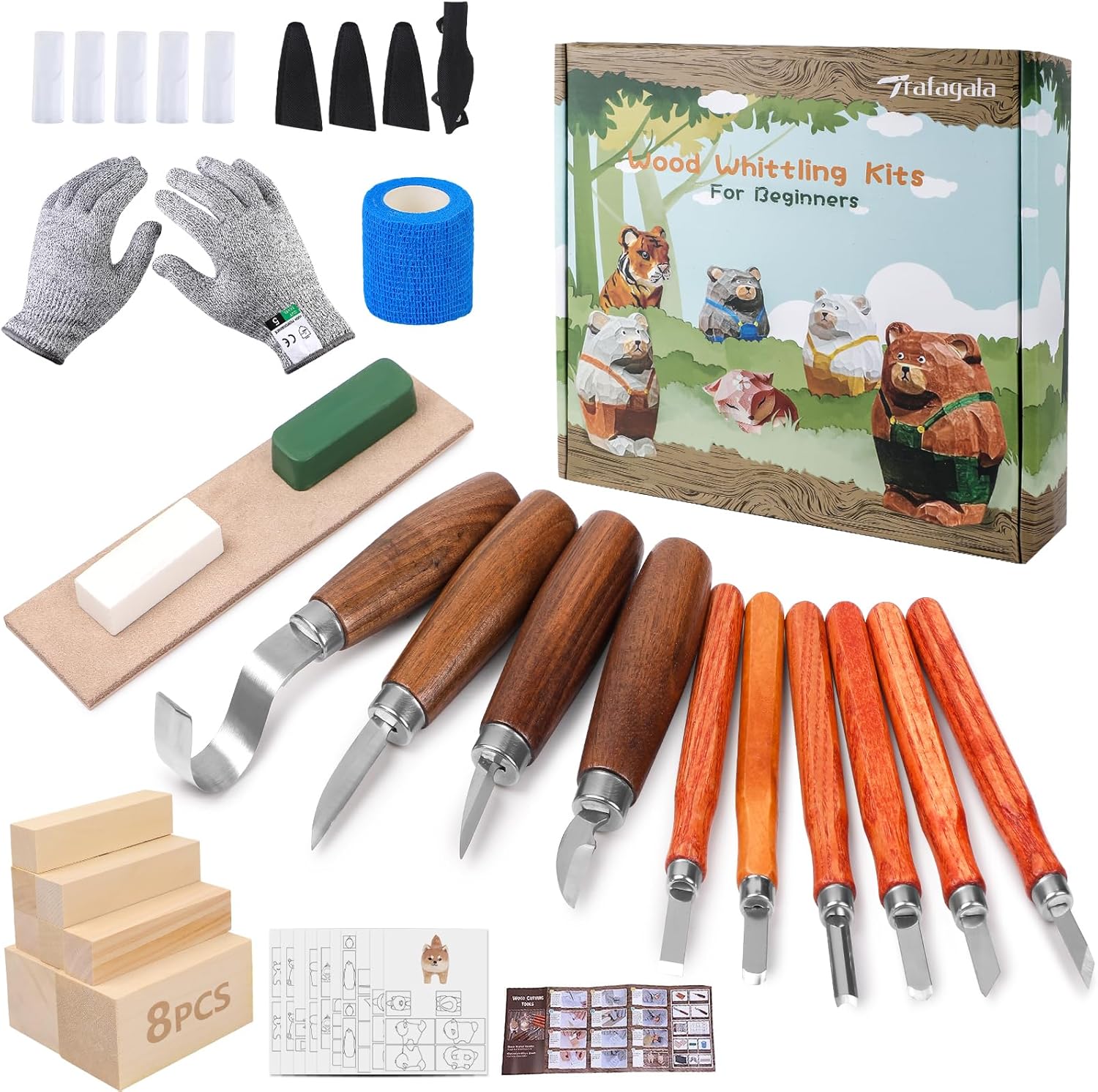 Wood Carving Kit 4pcs Whittling Knife and 5pcs K2 Carbon Steel Wood Carving Knife,Wood Carving Tools Set with 8pcs Basswood Blocks for Adults Kids Beginners Woodworking Whittling Kit Gifts