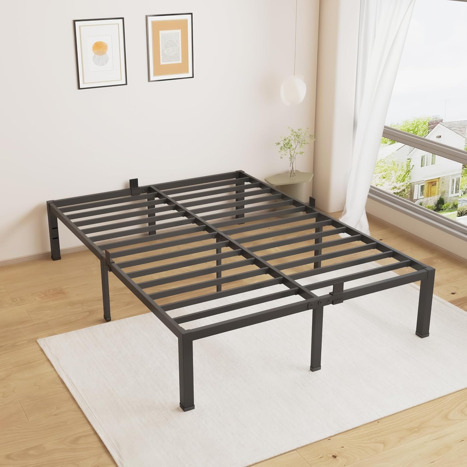 18 Inches Bed Frame Queen Size, Heavy Duty Metal Platform Bed Frame No Box Spring Needed, Easy Assembly, Noise Free Bedframes with Mattress Slide Stopper