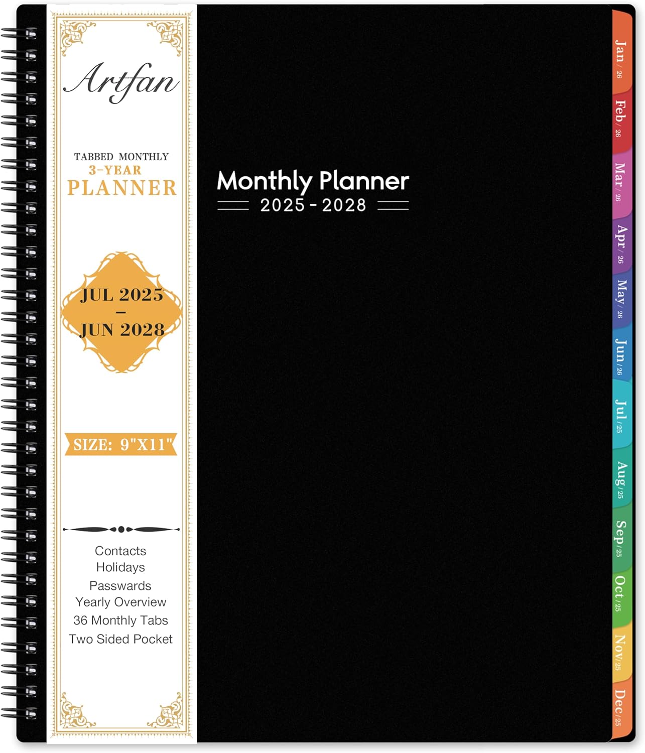 2025-2028 Monthly Planner/Calendar - 3 Year Planner 2025-2028, Jul.2025 - Jun.2028, 9" x 11", 36 Monthly Calendar with Colorful Tabs, Inner Pockets - Black