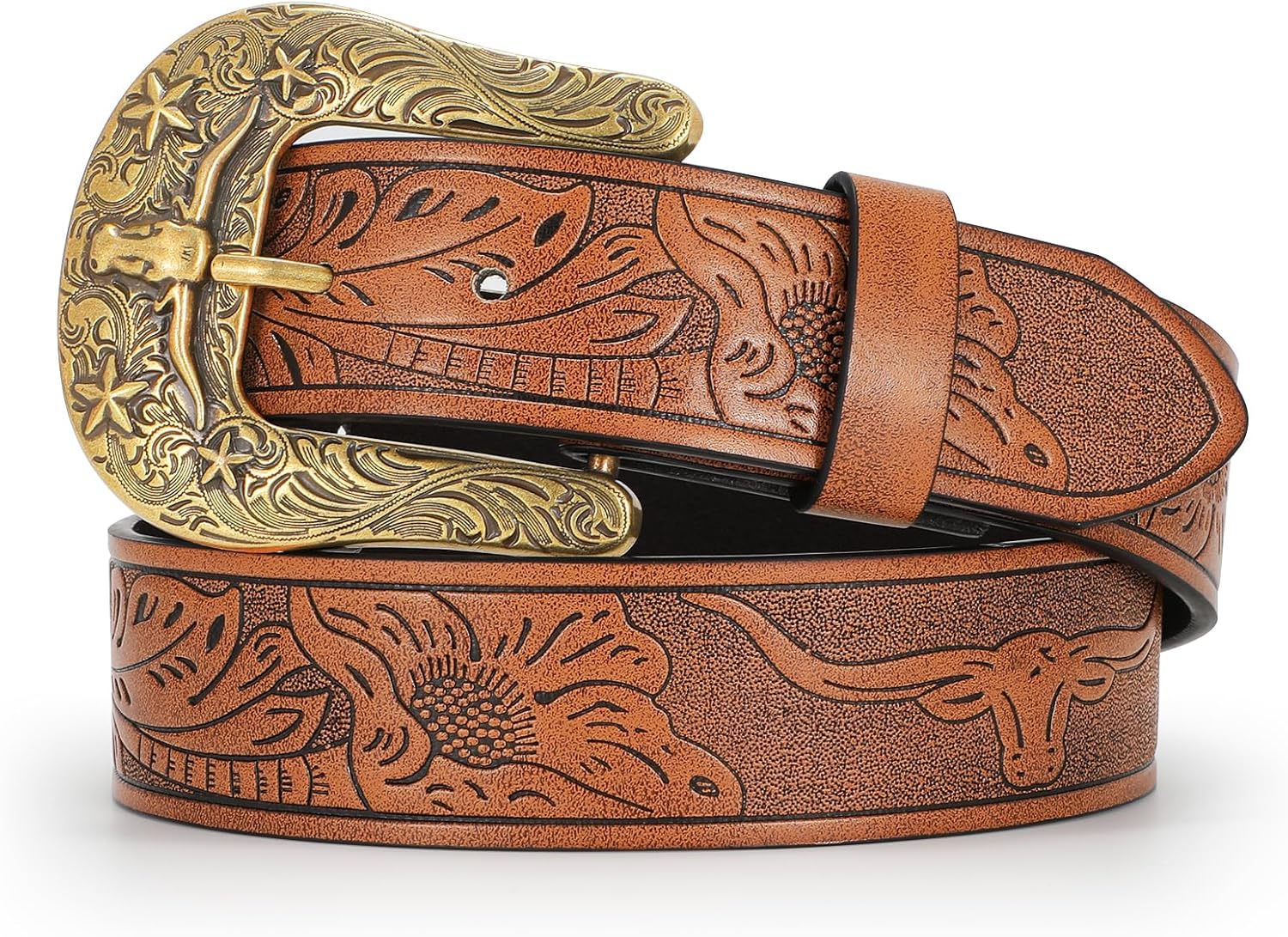 Women Men Western Belts Cowboy Cowgirl Country Belt Longhorn Bull Buckle Floral Embossed Belt for Jeans Dresses