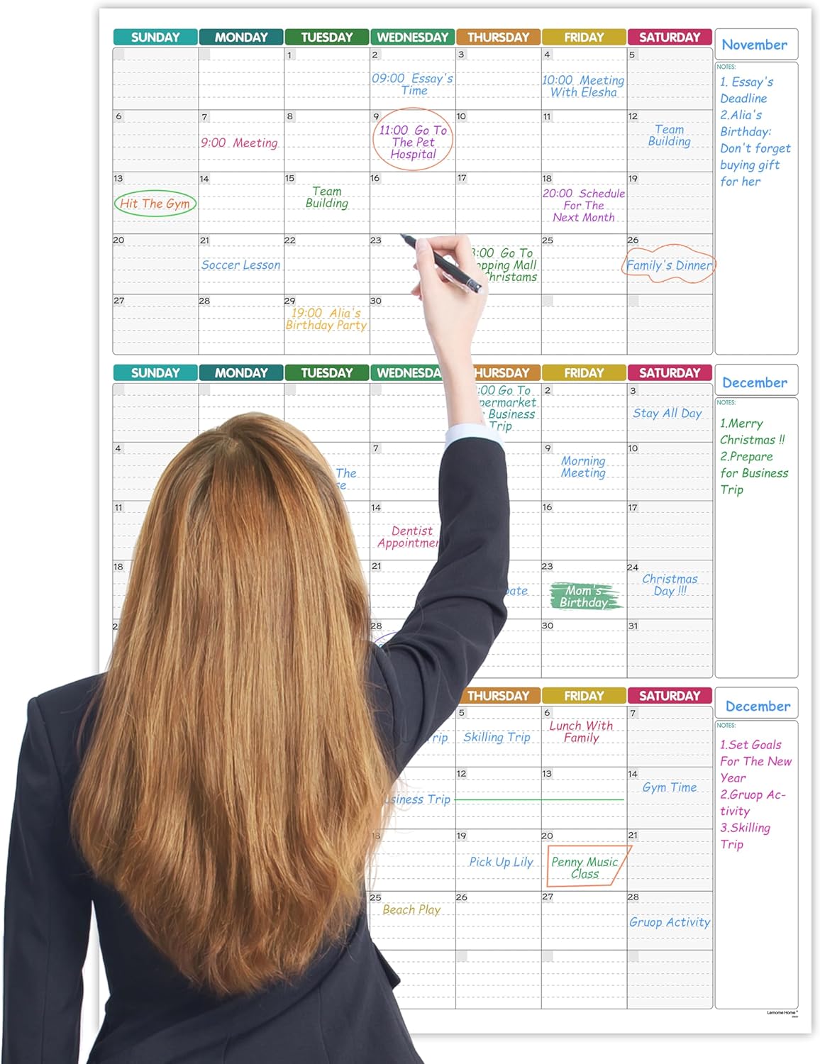 Large Wall Calendar Undated - Three Monthly Dry Erase Reusable Wall Planner, Giant Laminated Poster, Goal & Task Organizer for Your Home, Office, 101 cm X 73 cm, Colorful