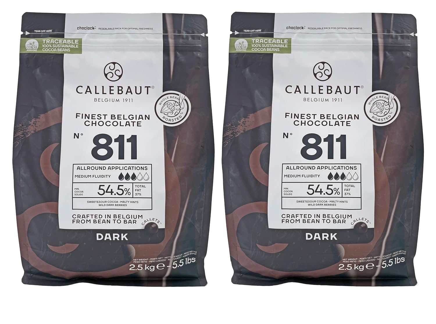 Belgian Chocolate Callets | 2 Pack of 5.51 Bags (2.5KG) (Dark Chocolate 811)