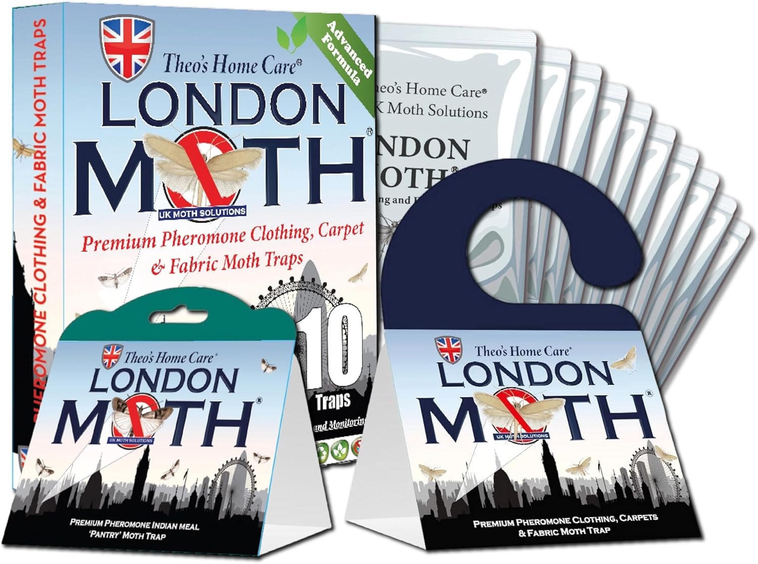 LONDON MOTH KILLER. 10 (TEN) Premium Pheromone Moth killers | 8 x Wardrobe Clothes & Carpet Moth Traps and 2 x Indian Meal Pantry Traps Inc. eBook.
