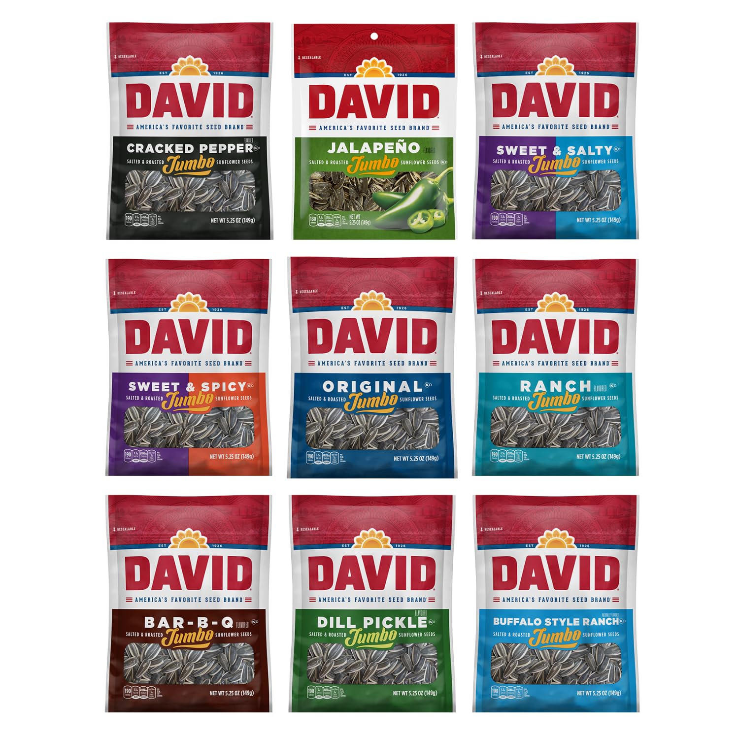 Generic DAVIDs Sunflower Seeds Variety Pack, 5.25 Oz Bags, 9 Count, Assorted Flavors