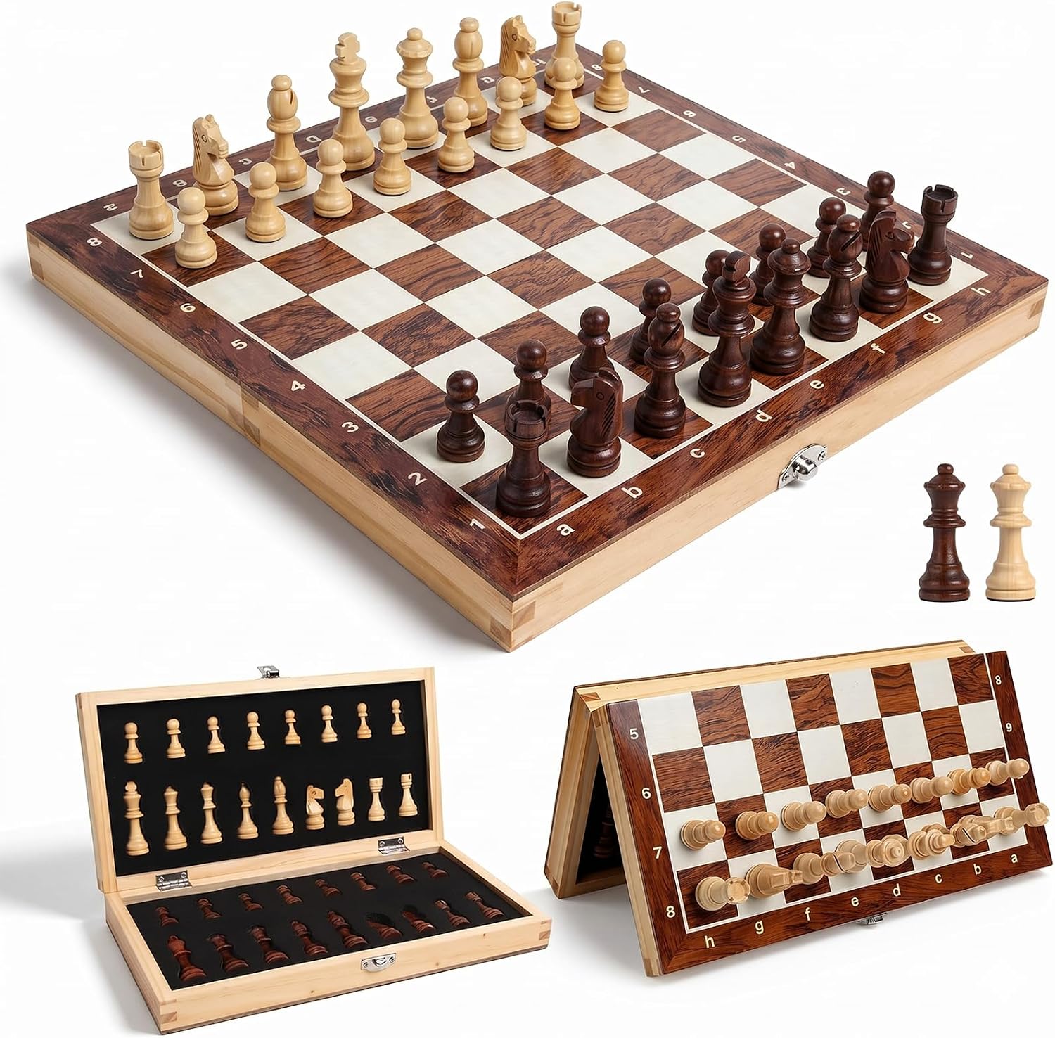 Wooden Chess Set for Adults, Portable Folding Magnetic Chess Board Game for Beginners Travel with Portable Storage Board