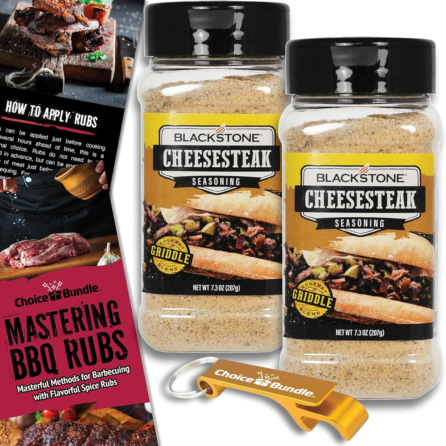 Blackstone Cheesesteak Seasoning – Gourmet Griddle Premium Barbecue Rub 2 Pk (14.6 oz) + BBQ Masters & Opener (4 Items)!