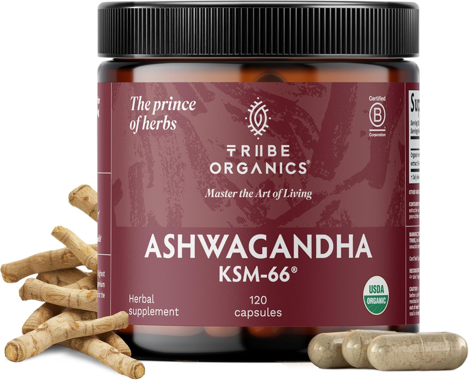 TRIBE ORGANICS Ashwagandha KSM 66 Organic Stress Support Supplement, 120ct