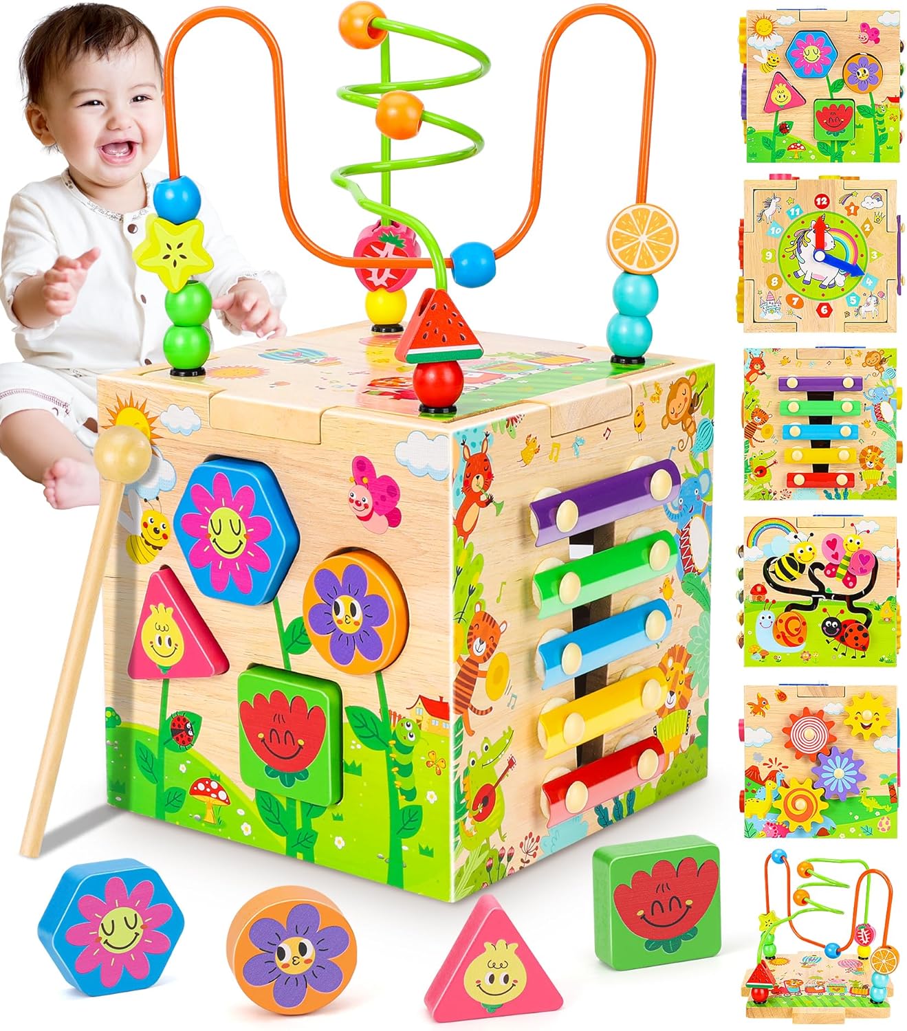 Jojoin Activity Cube Baby Toys - Wooden Toys for 1 2 Year Old Boys Girls - Montessori activity table Shape Sorter toy - toddler toys 1st Birthday Gifts for Girls Boys