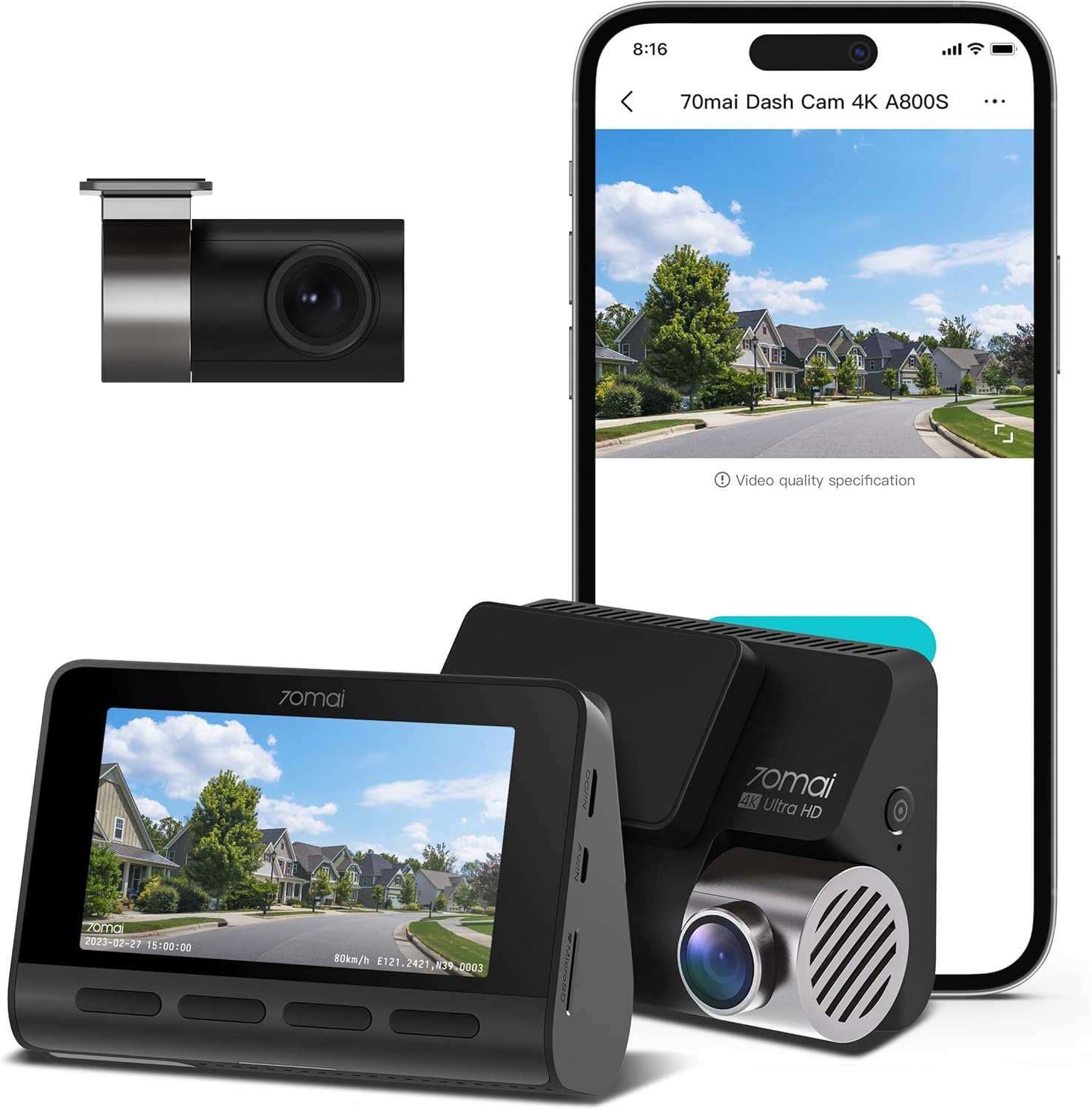 70mai 4K Dash Cam A800S with Sony IMX415, Front and Rear,Built in GPS, Super Night Vision, 3'' IPS LCD, 24H Parking Mode, ADAS, Loop Recording, iOS/Android App Control