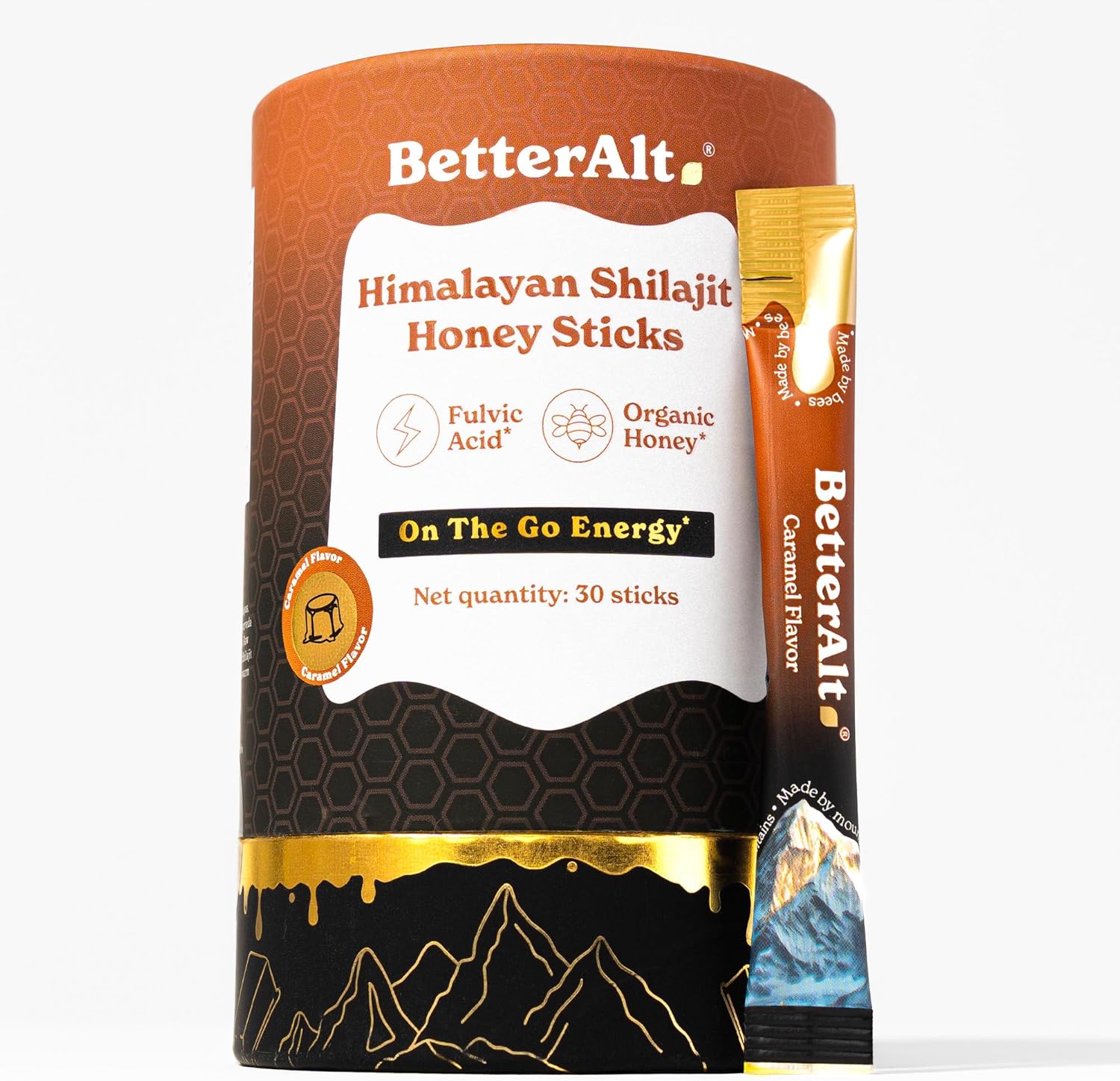 Better Alt Pure Himalayan Shilajit Caramel Sticks with Organic Honey, Saffron Easy to Consume Shilajit 30 Sticks for Energy Boost & Immune Support, 85+ Trace Minerals, 75%+ Fulvic Acid