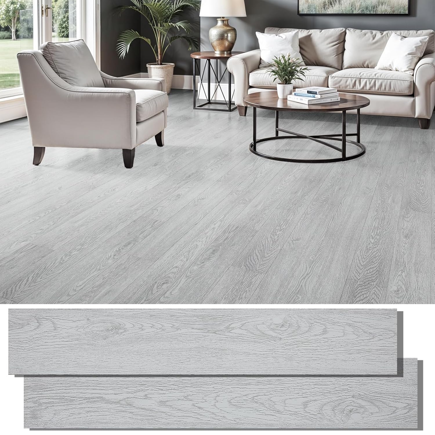 Peel and Stick Floor Tile, INMOZATA Self Adhesive Vinyl Plank Flooring Tile Wood Grain Look 36-Pack 54 Sq.Ft Waterproof Tile Sticker for Bedroom, Living Room, Kitchen, RV(Light Gray)