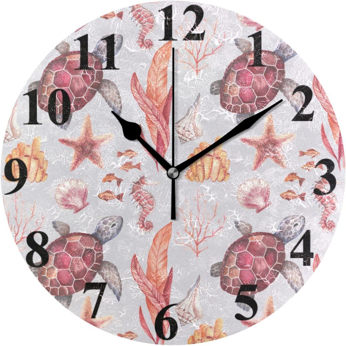 Mnsruu Large Wall Clock,Ocean Underwater Turtles Seahorses Corals Shells Non Ticking Silent Clocks,Battery Operated Decorative Clock 10 Inch for Kitchen, Living Room Cherry Blossoms