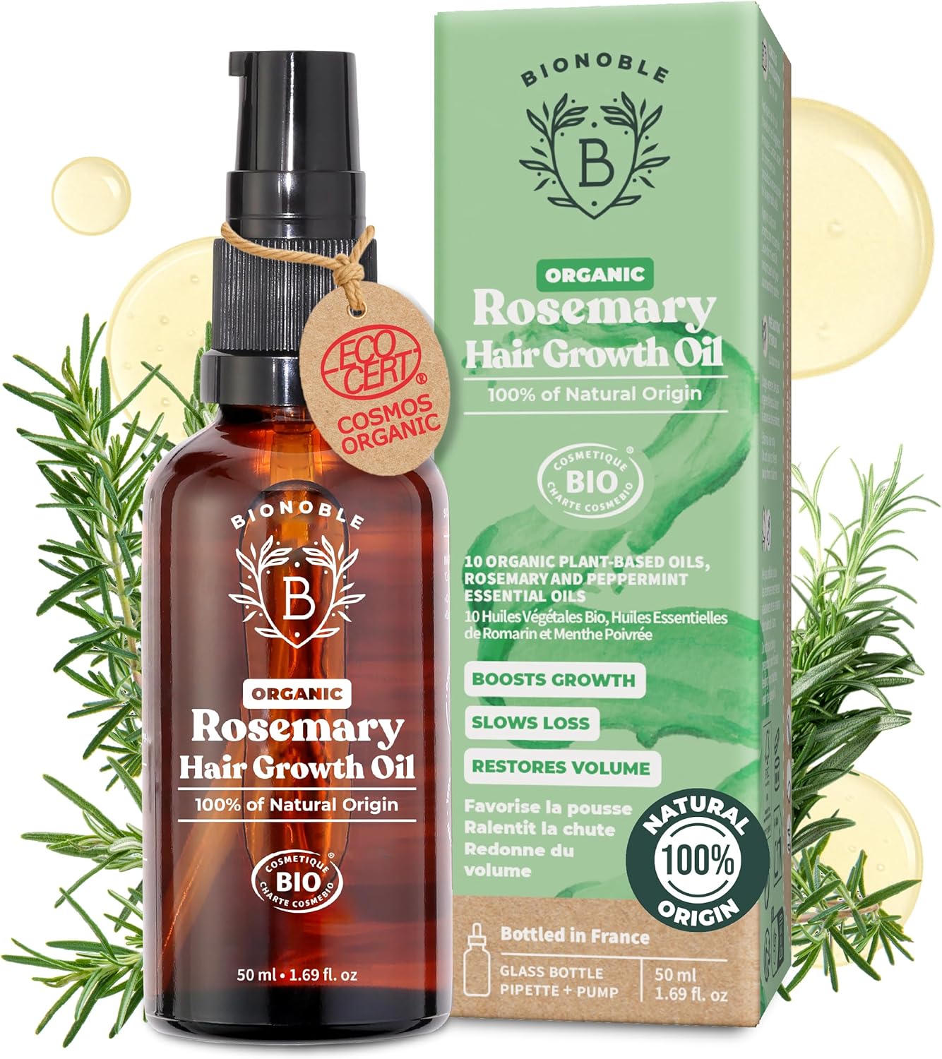 BIONOBLE Organic Rosemary Oil for Hair Growth - Slows Loss, Restores Volume - Rosemary Hair Oil with Argan, Jojoba & Castor Oil - 100% Natural & Vegan - Glass Bottle, Dropper + Pump - 50ml