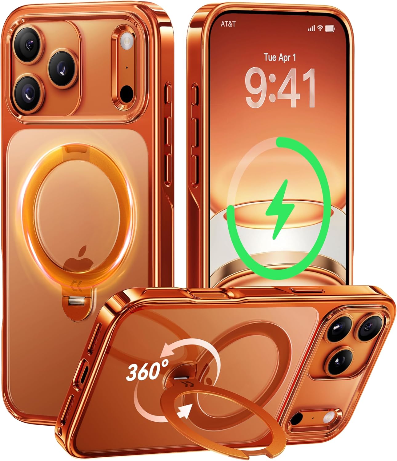 CASEKOO 360 Spin Magnetic Stand for iPhone 17 Pro Max Case [Fit for MagSafe][17FT Military Protection] Slim Hand-Polished Frame Titanium Alloy Sturdy Stand 6.9", Glossy Cosmic Orange