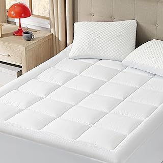 Bedsure Mattress Pad Queen Size - Breathable Cotton Mattress Topper, Quilted Fitted Mattress Cover with Deep Pocket Fits 8-21 Inch Mattress, Soft Fluffy Pillow Top, White