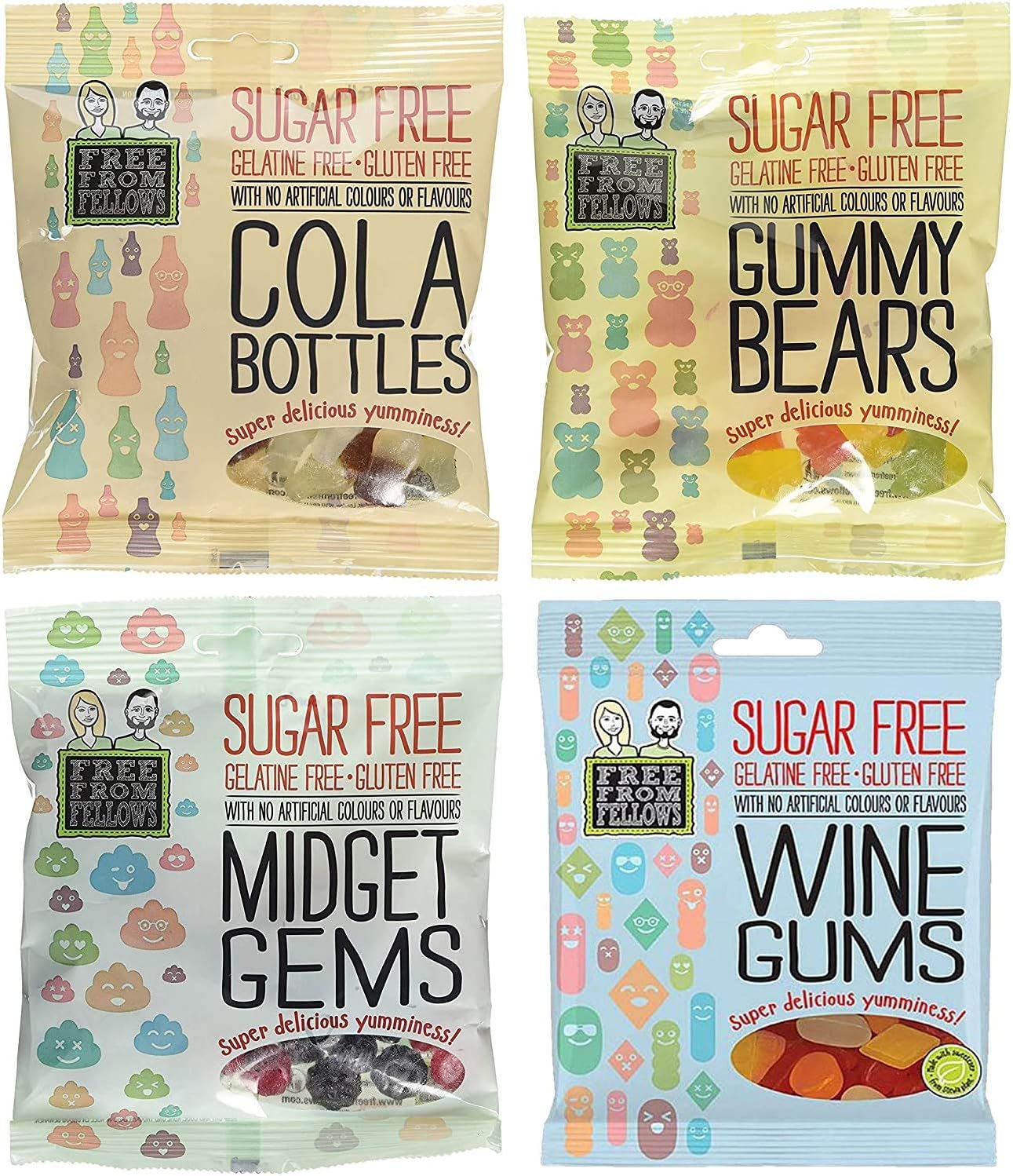 Sugar Free Sweets and Gluten Free Vegan Sweets! Free from Fellows 4 X 70g Sweet Packs - Cola Bottles, Gummy Bears, Wine Gums, and Midget Gems Value Pack Sugarless Yummy Delicious Gelatin Free