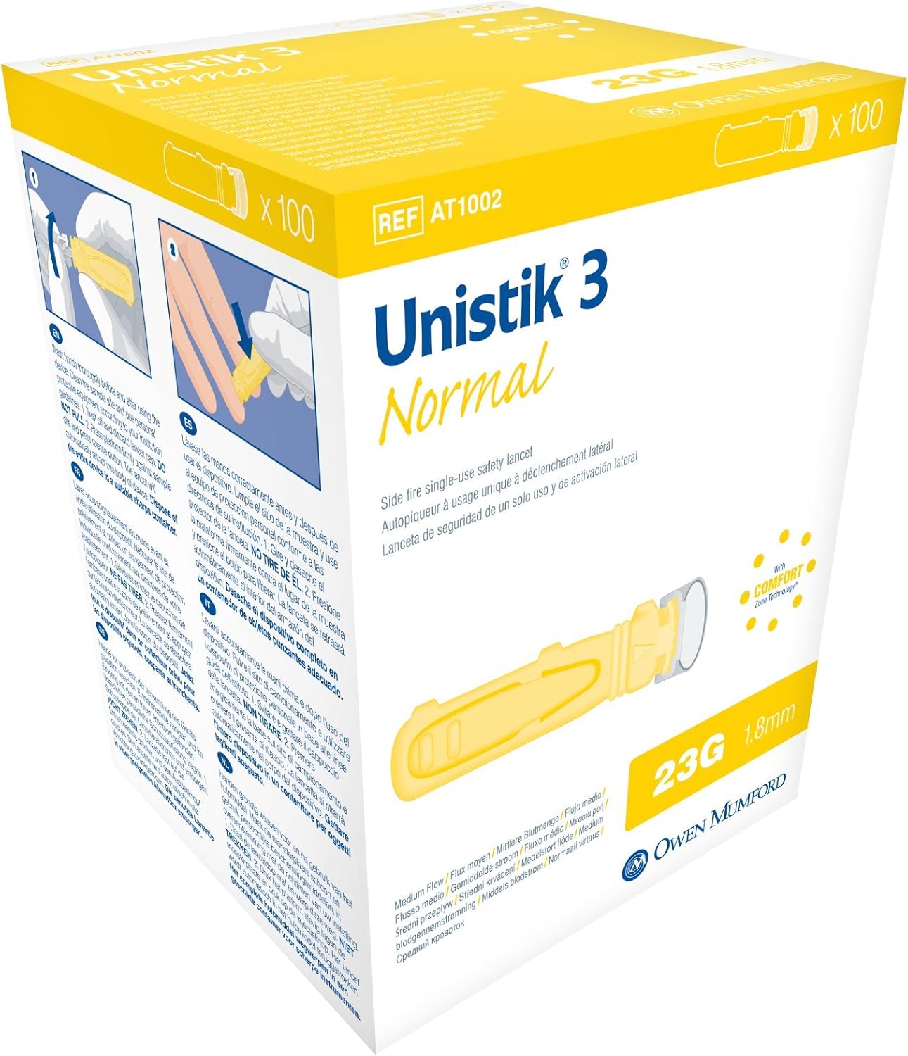 AT 1002 Unistik 3 Normal Safety Lancets, 1.8mm Depth, 23 Gauge, 100 Count