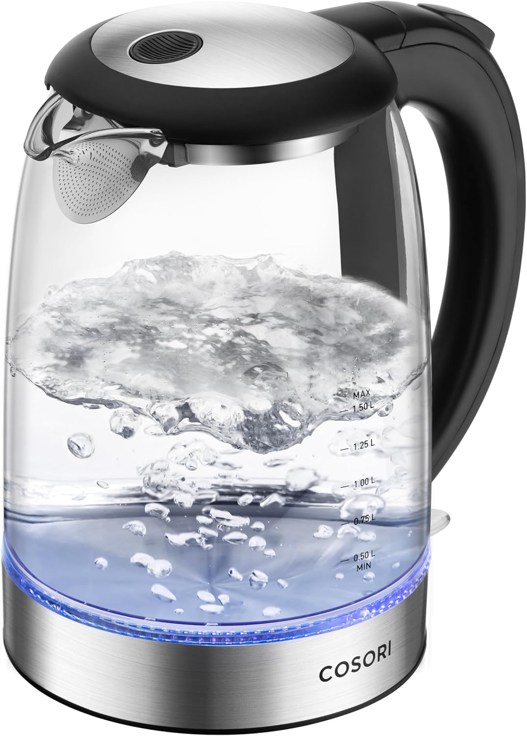 COSORI Kettle, Electric Kettles, 3000W with No Plastic Filter & Spout, Stainless Steel Inner Lid, Fast Quiet Boil with Blue LED, BPA Free, Smart Boil-Dry Protection, Glass Small Black, 1.5L