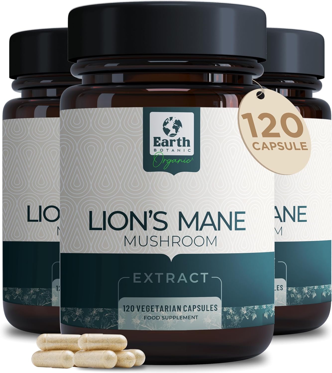 Earth BOTANIC Organic Lion's Mane Mushroom – 120 High Strength Capsules-Lion’s Mane Supplement with Organic Black Pepper-Non- GMO and Gluten Free