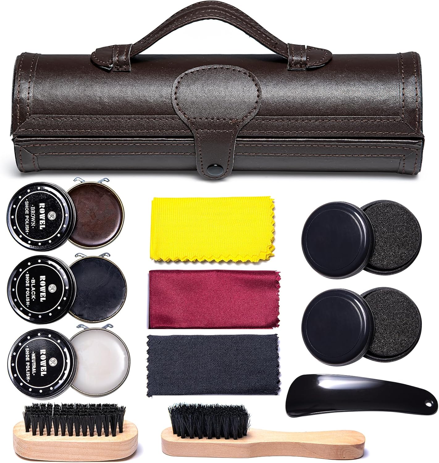 YUET Shoe Polish Kit Cleaning Shine Care Barrel Set For Brown Black Leather With Brush Travel Case Luxury Premium Soft Horsehair Bristle Dauber, Wooden Applicator, Shoehorn, Cloth 12 Piece