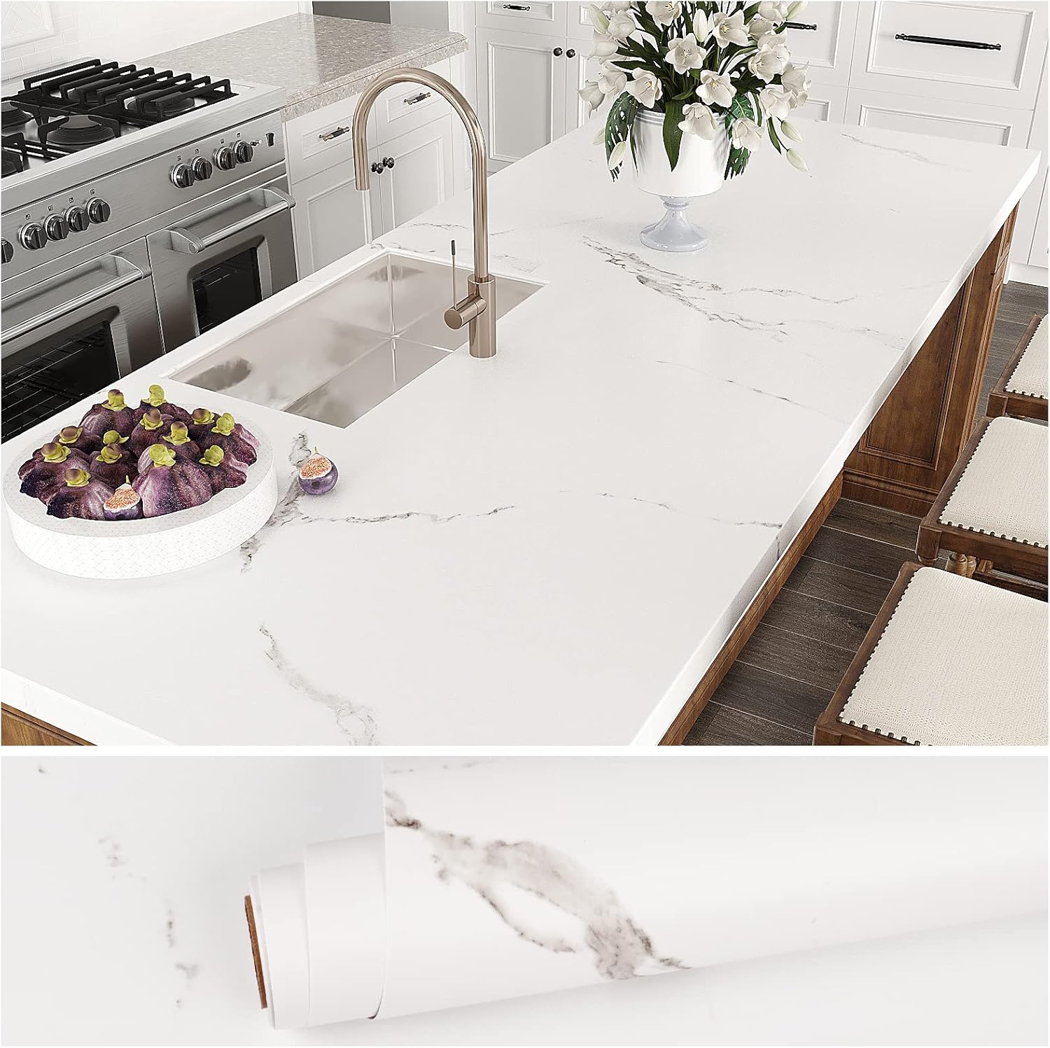 VEELIKE Matte White Marble Contact Paper for Countertops Peel and Stick Countertops Waterproof Marble Wallpaper for Kitchen 15.7''x354'' Self Adhesive Countertop Vinyl for Bathroom Backsplash Table