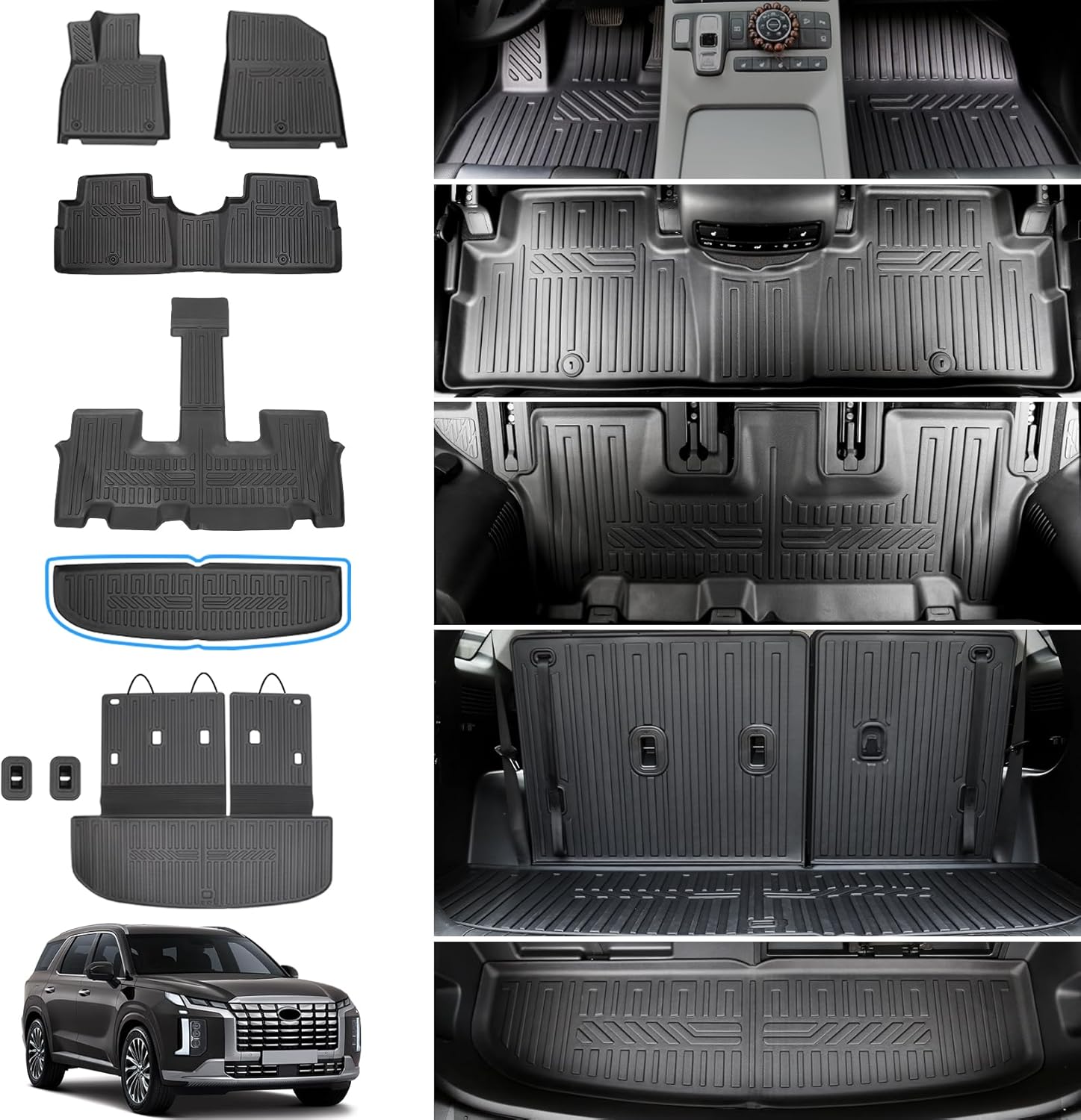 Floor Mats for 2020-2025 Hyundai Palisade, Trunk Mat with Backrest Mat and Lower Cargo Mat TPE Waterproof All Weather Protector Replacement for 2024 2025 Hyundai Palisade Accessories