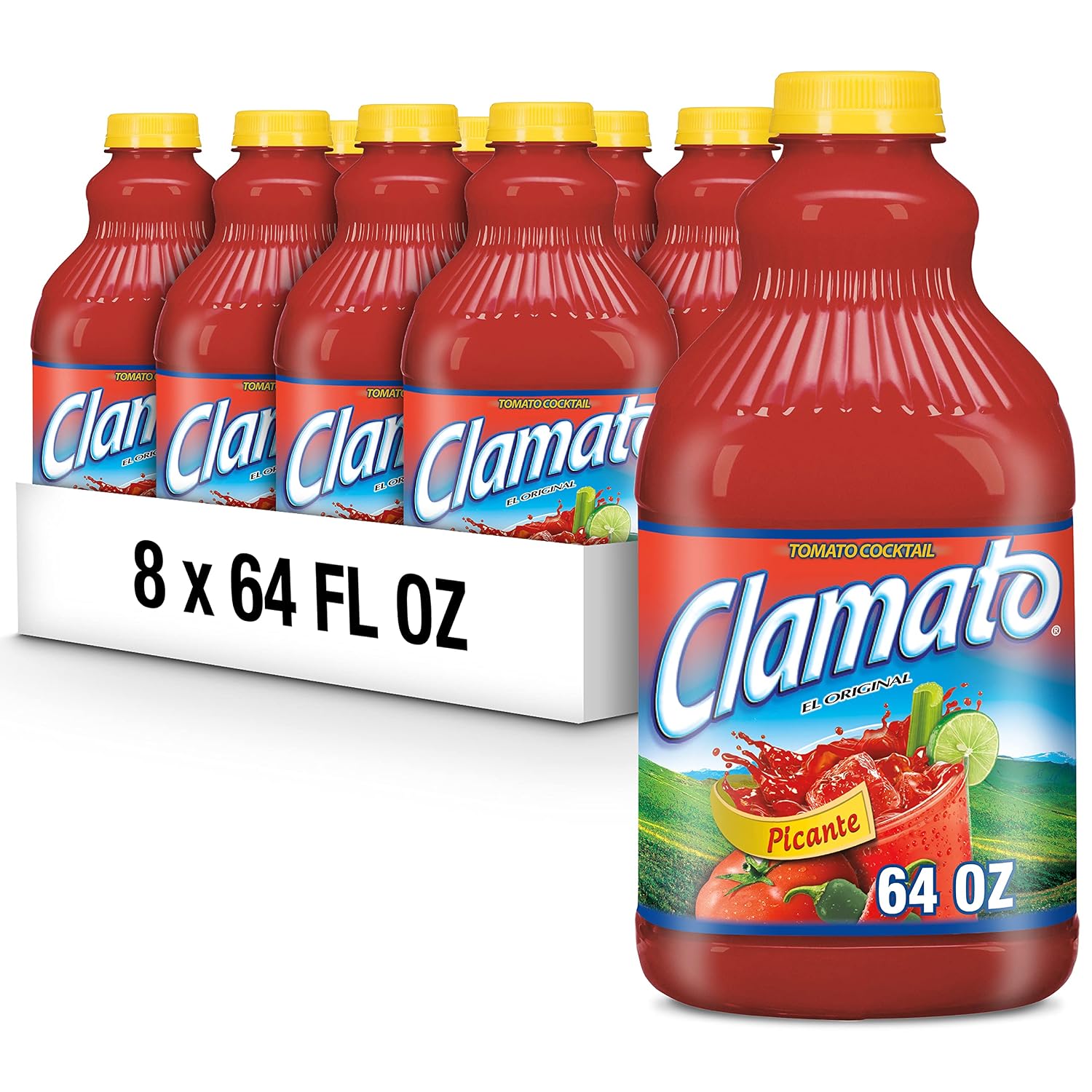 Clamato Picante Tomato Cocktail, 64 fl oz bottle (Pack of 8), Authentic Spicy Flavored Tomato Juice, Perfect Mixer for Micheladas and Bloody Mary Drinks and other Cocktail Spirits
