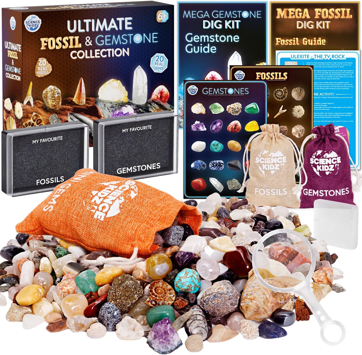 Science Kidz Ultimate Rock Collection Kit - Over 150 Crystals, Gemstones, Fossils, Minerals for Kids - Earth Science Gem Stones Kit - Geology Nature Gifts for Boys & Girls Plus Bonus Amazing TV Rock