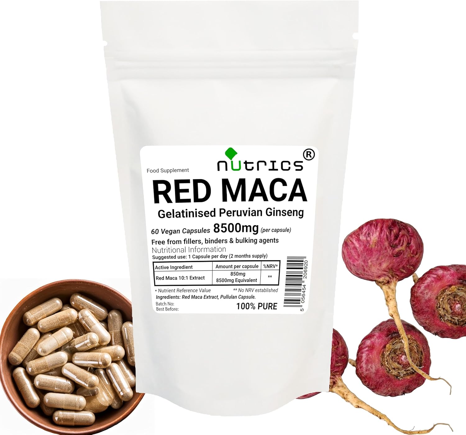 8500mg (per Capsule) GELATINISED RED MACA Root Extract 60 V Capsules - Peruvian Ginseng - No Additives Strong One A Day