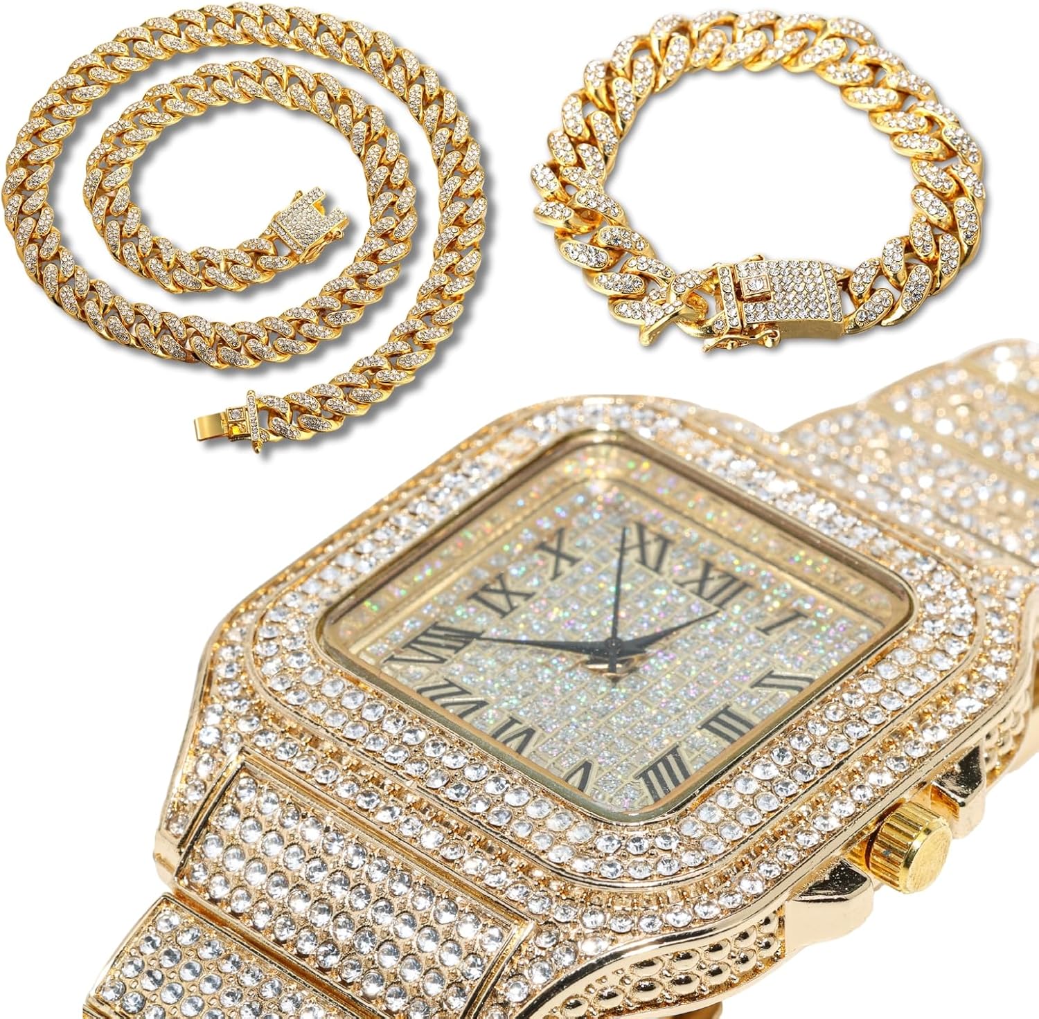 Halukakah Men’s Watch - The King - 18K Gold/Platinum Plated, 40MM Square Dial, Iced Out Wristband, with Cuban Link Chain Necklace and Bracelet Set Optional, Comes in Giftbox
