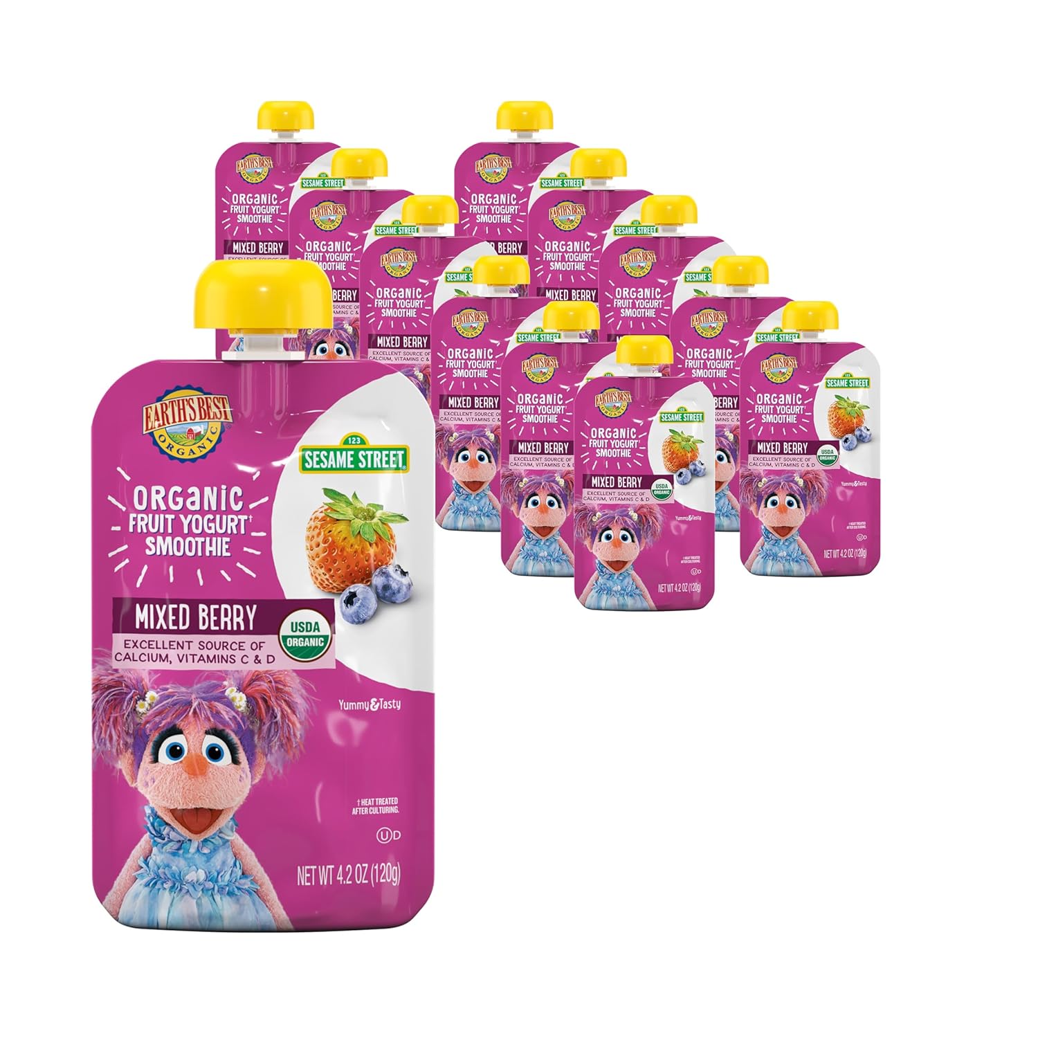 Earth's Best Organic Yogurt Smoothie Pouches, 24+ Months, Fruit Yogurt Smoothie for Toddlers 24 Months and Up, Mixed Berry, 4.2 Ounce Resealable Pouch (Pack of 12)