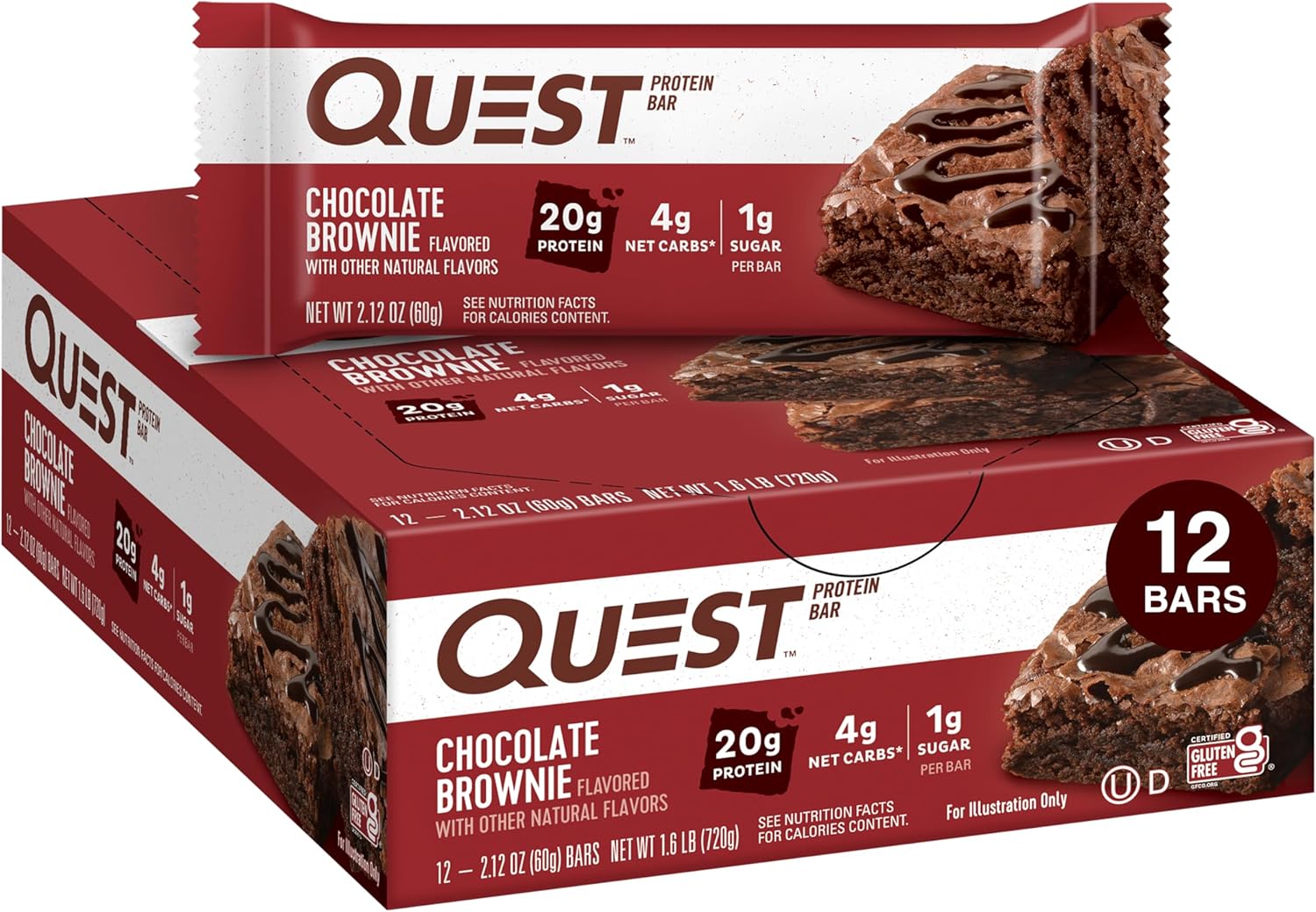 Quest Nutrition Chocolate Brownie Protein Bar, 20g Protein, 1g Sugar, 4g Net Carb, Gluten Free, Gluten Free, 12 Count