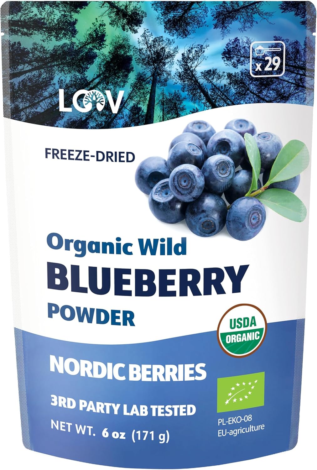 LOOV Organic Wild Blueberry Powder - 29-Day Supply, 6 Oz, Good for Smoothie & Breakfast, Freeze-Dried, from Northern Europe, No Added Sugar