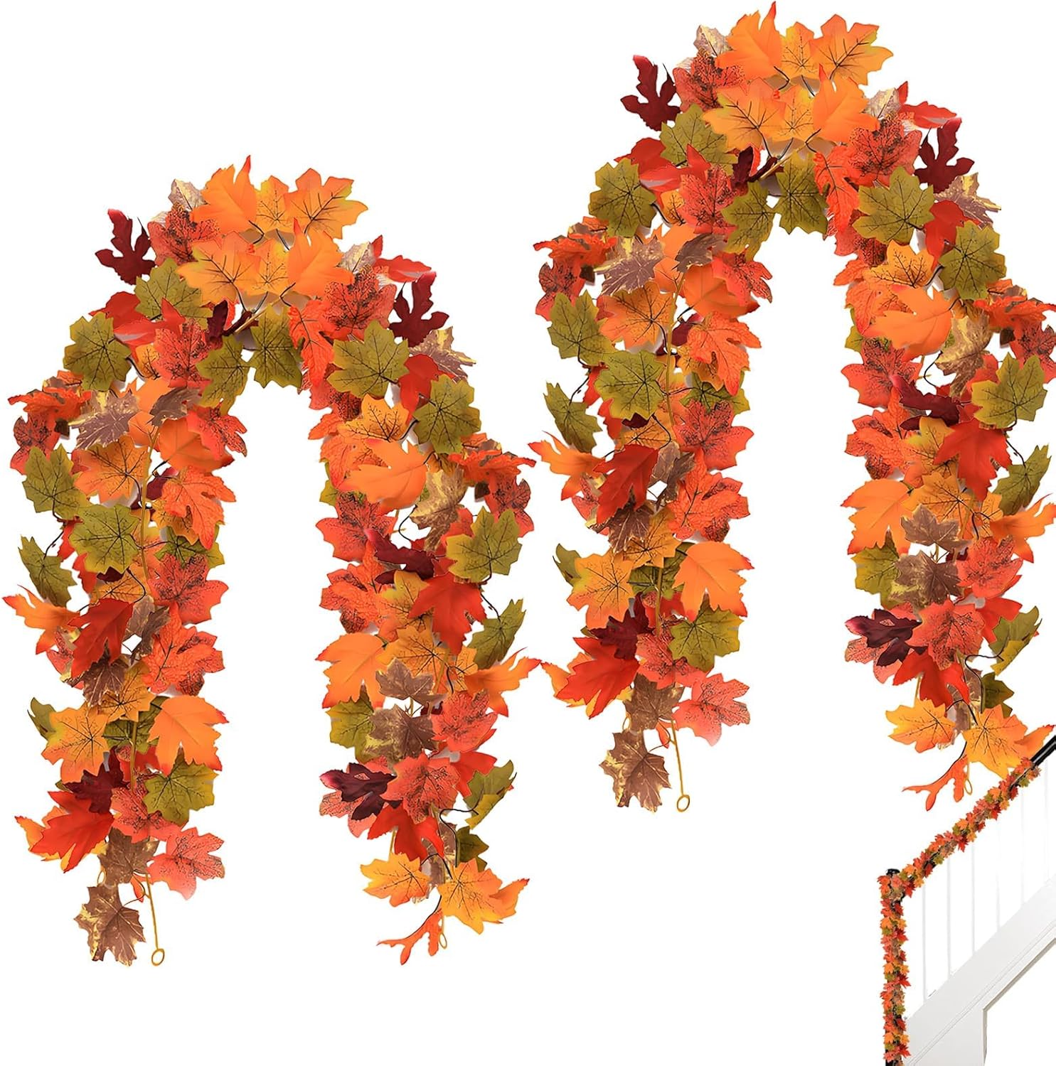 2PCS Artificial Leaves for Decoration, Autumn Decorations, Leaves Decoration Artificial Autumn Fall Maple Leaf Garland Fireplace Decor Maple Leaf Garland Fall Hanging Plant for Home Garden 175mm