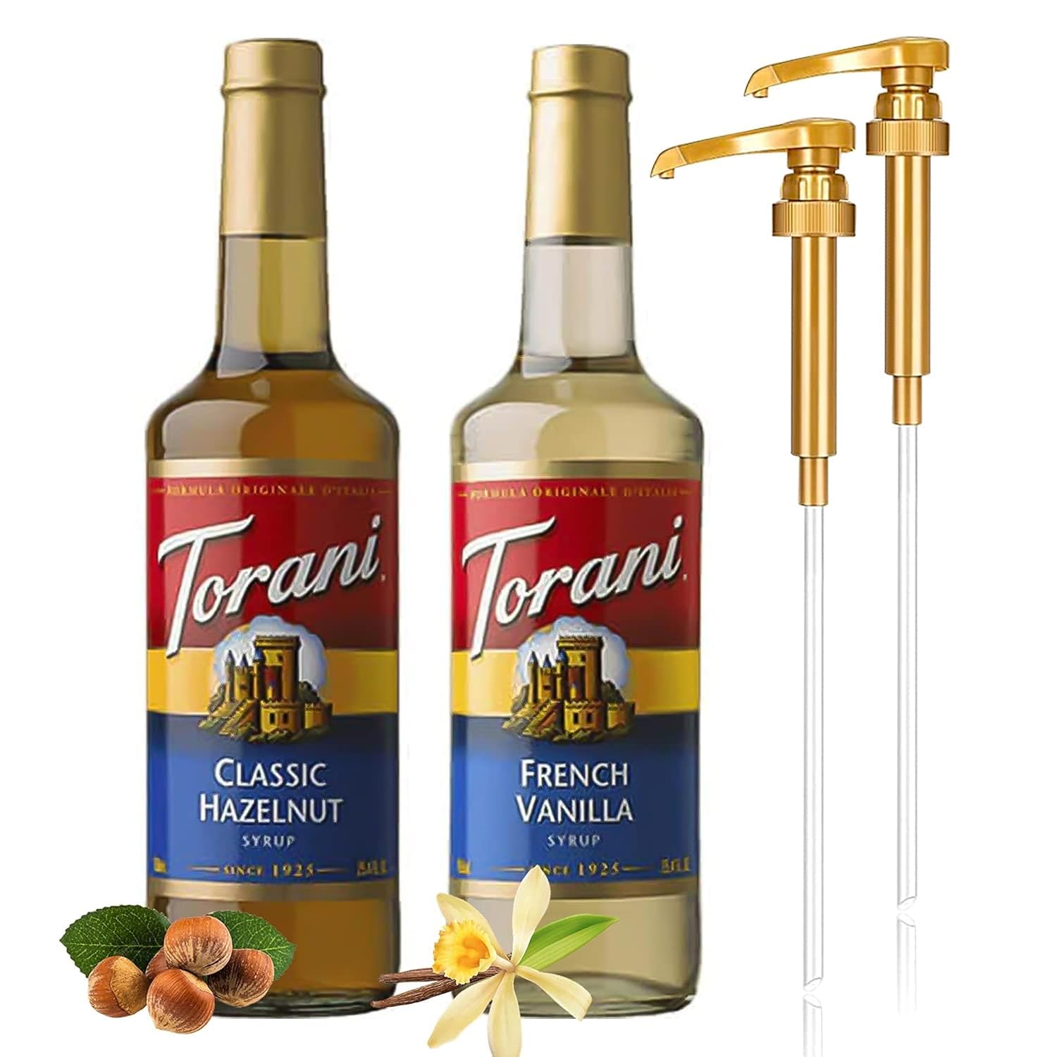 Coffee Syrup Variety Pack - French Vanilla & Classic Hazelnut Syrup for Coffee with 2 Jimoco Syrup Pump Dispenser Compatible with 25.4 Ounces Syrup Bottle