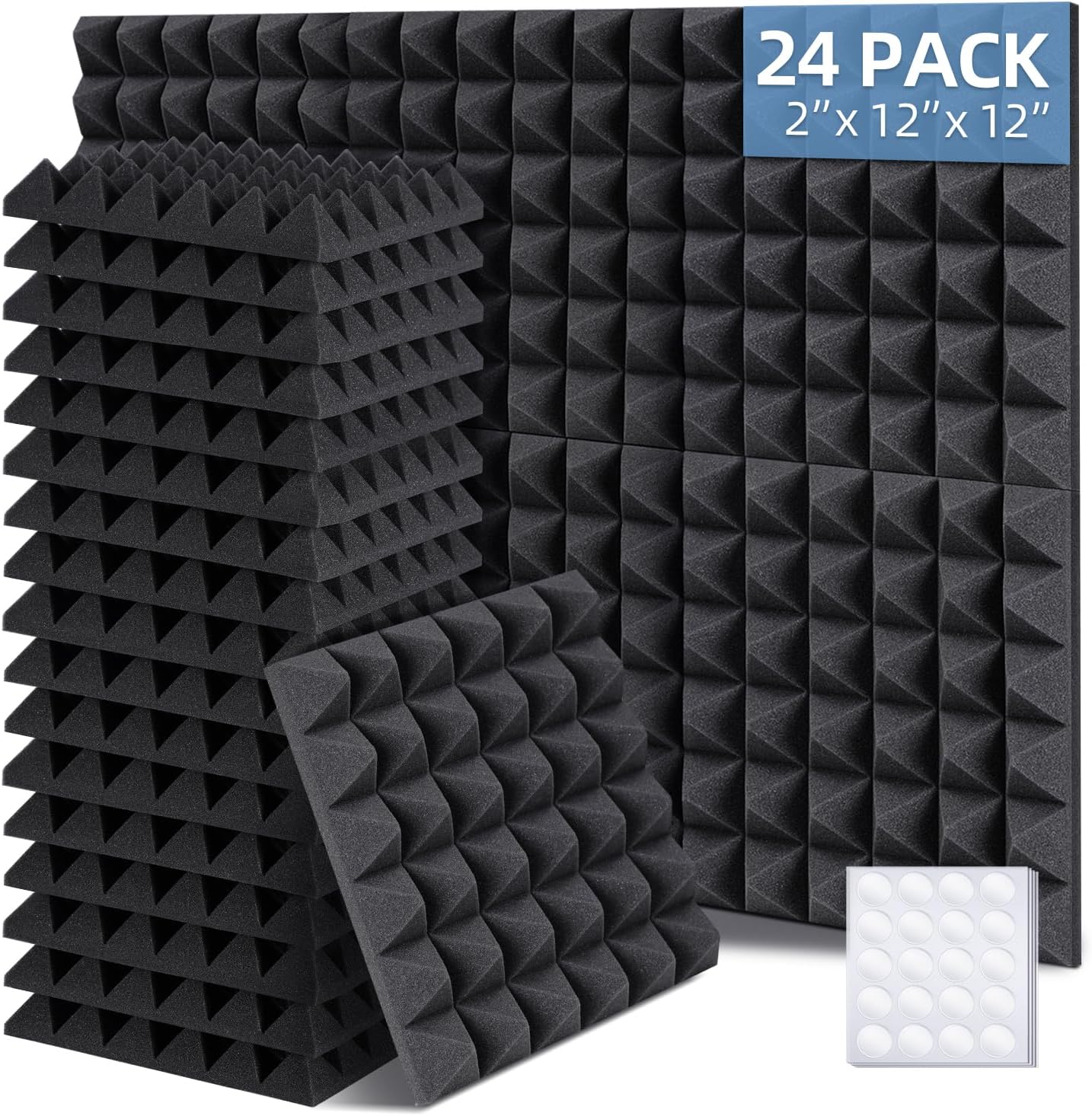 Ohuhu Acoustic Foam Panels 24 Pack with Double Sided Tape, 2"x12"x12" Sound Proofing Panels Sound Absorption Pyramid Studio Treatment Wall Panels, Acoustic Wall Panels for Studio Office Home