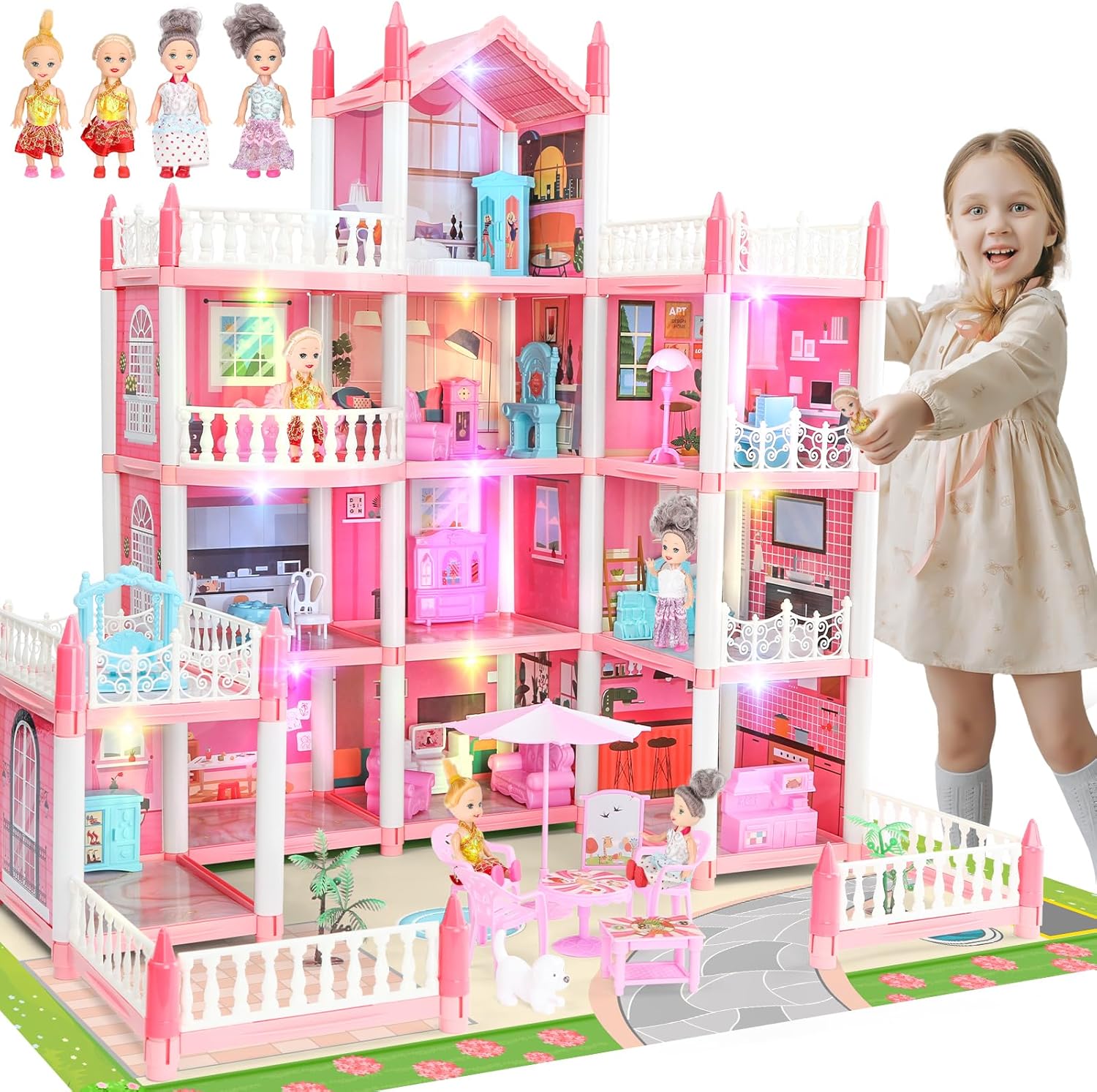 Doll Houses for Girls, Playhouse 4-Story 11 Rooms with 4 Dolls & Furniture Accessories & Flashing Lights, Princess Doll House Toy Toddler Birthday Gift for 3 4 5 6 7 8 Year Old (Pink)