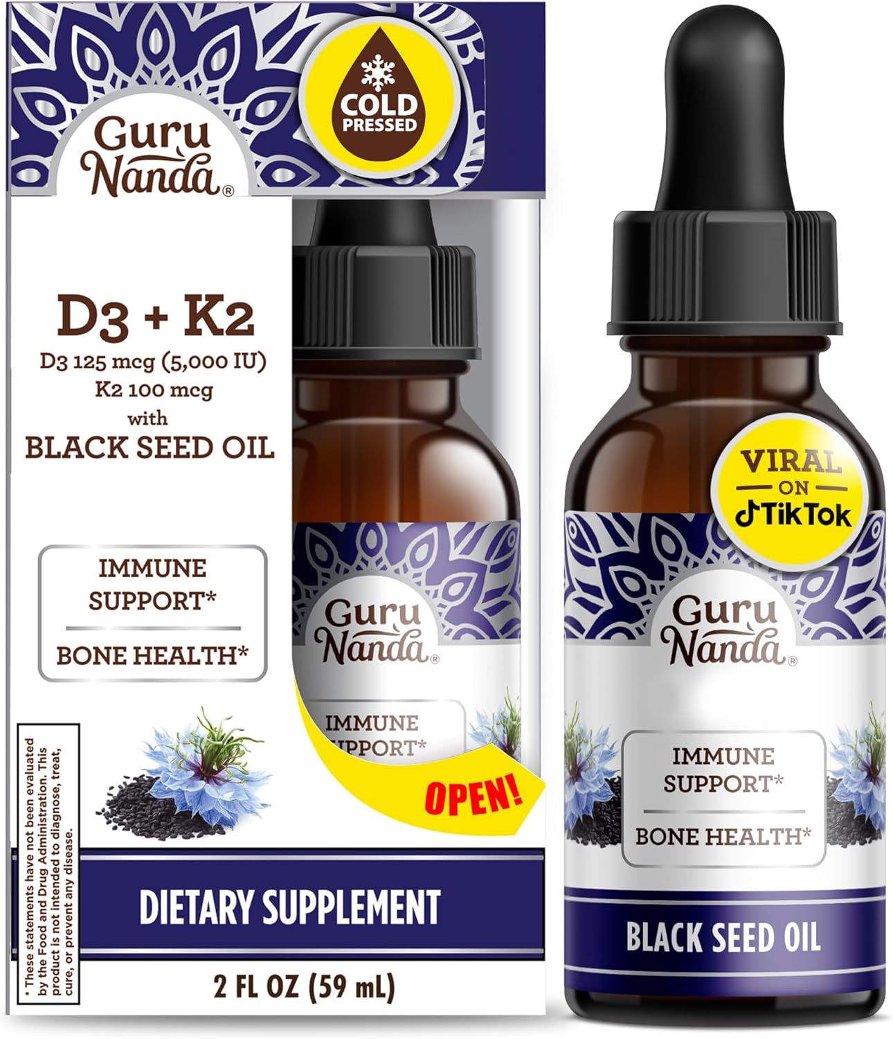 GuruNanda Black Seed Oil, Cold-Pressed Nigella Sativa - Rich in Vitamin D3 5000 Units, K2 & E, High Thymoquinone | Potent Antioxidant for Immune Support, Non-GMO, 2 Fl.oz