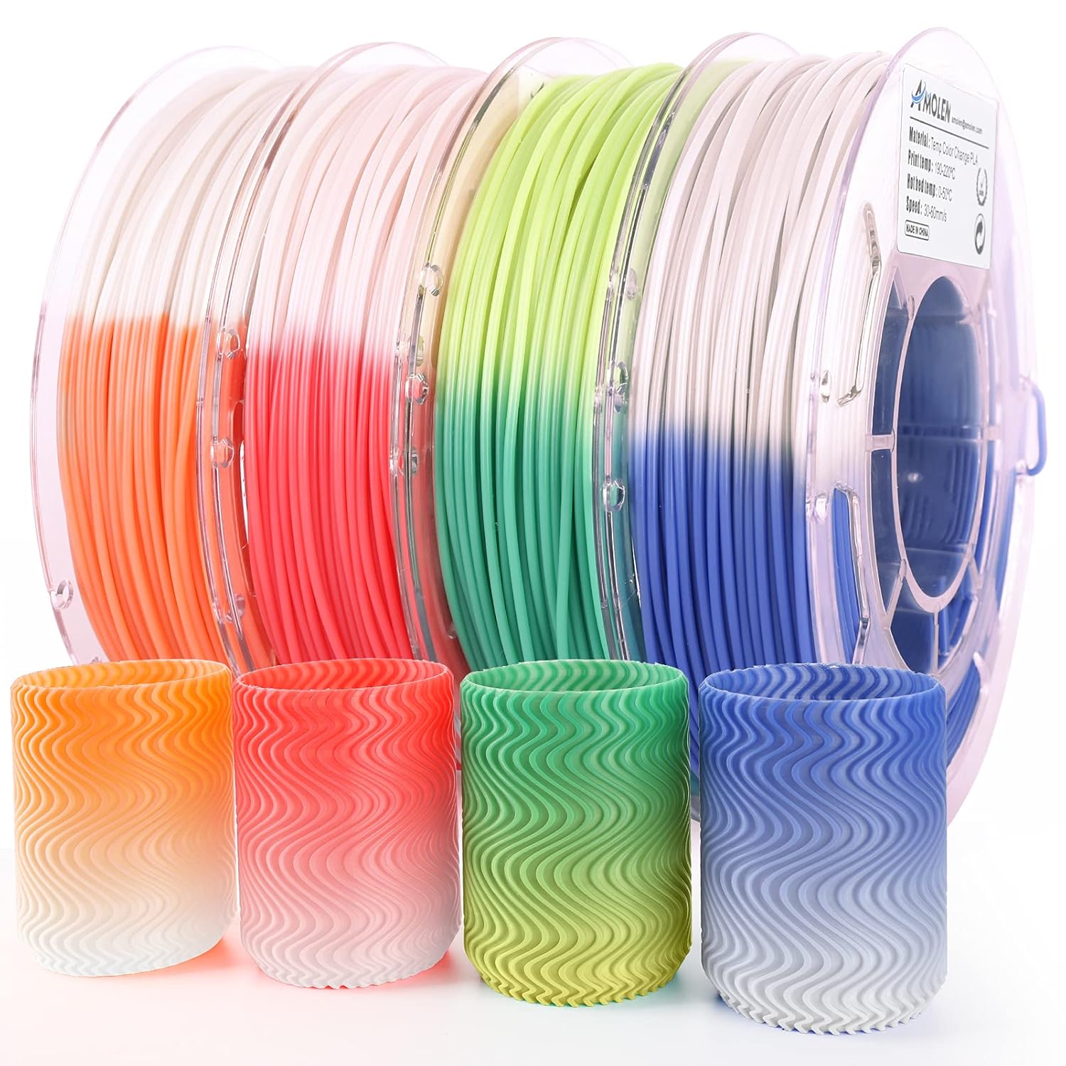 AMOLEN 3D Printer Filament Bundle, Temp Change PLA Filament 1.75mm Bundle,Color Change with Temperature Filament Sets, 3D Printing Filament +/- 0.02mm, Green/Blue/Red/Orange, 200g X 4