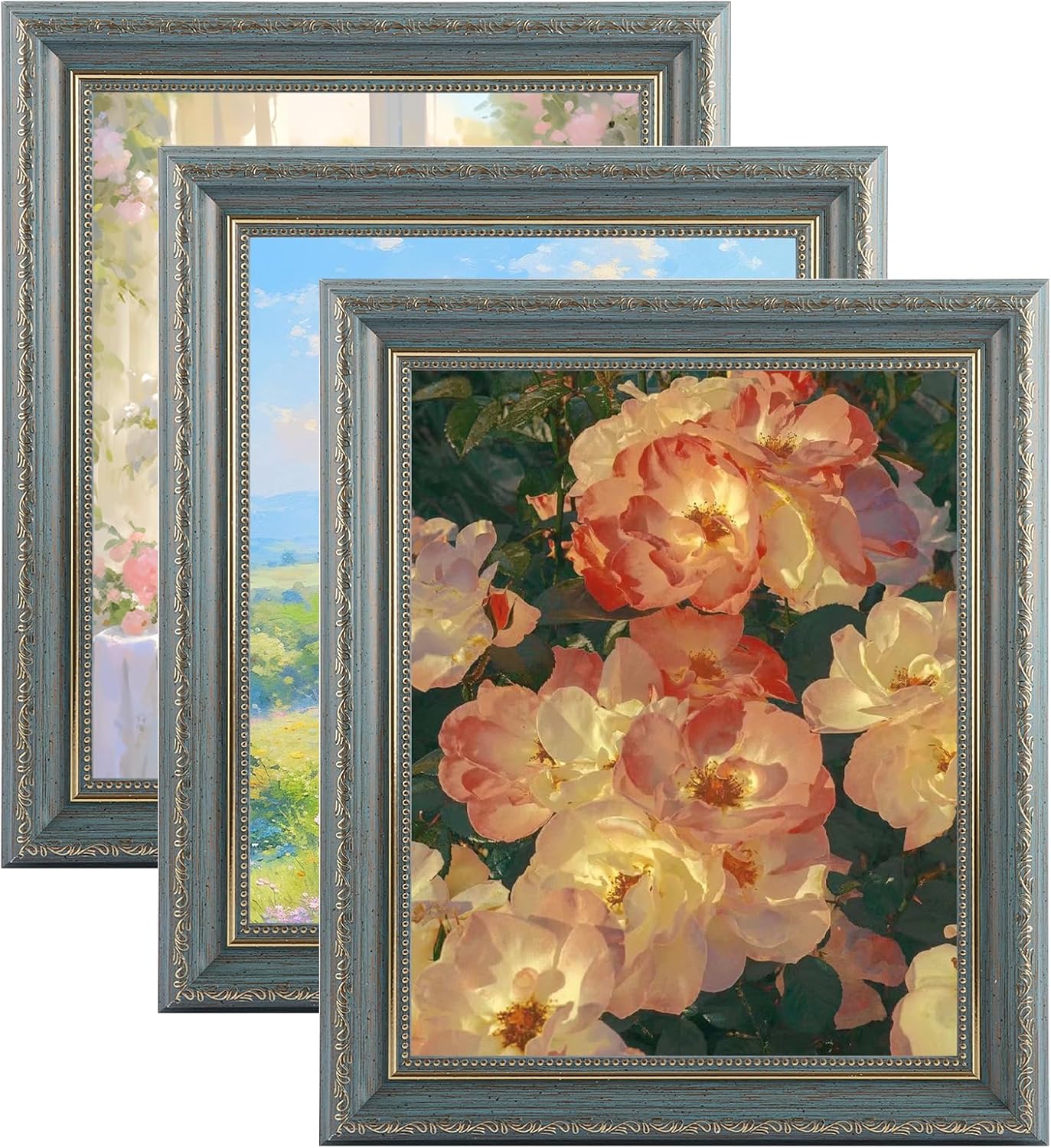 AKOLAFE 3 Pack Antique Picture Frames 8x10 inch Wooden Vintage Photo Frame Elagent Blue 10x8 Photo Frames Picture Frame Horizontal and Vertical Tabletop Photo Frames for Wall